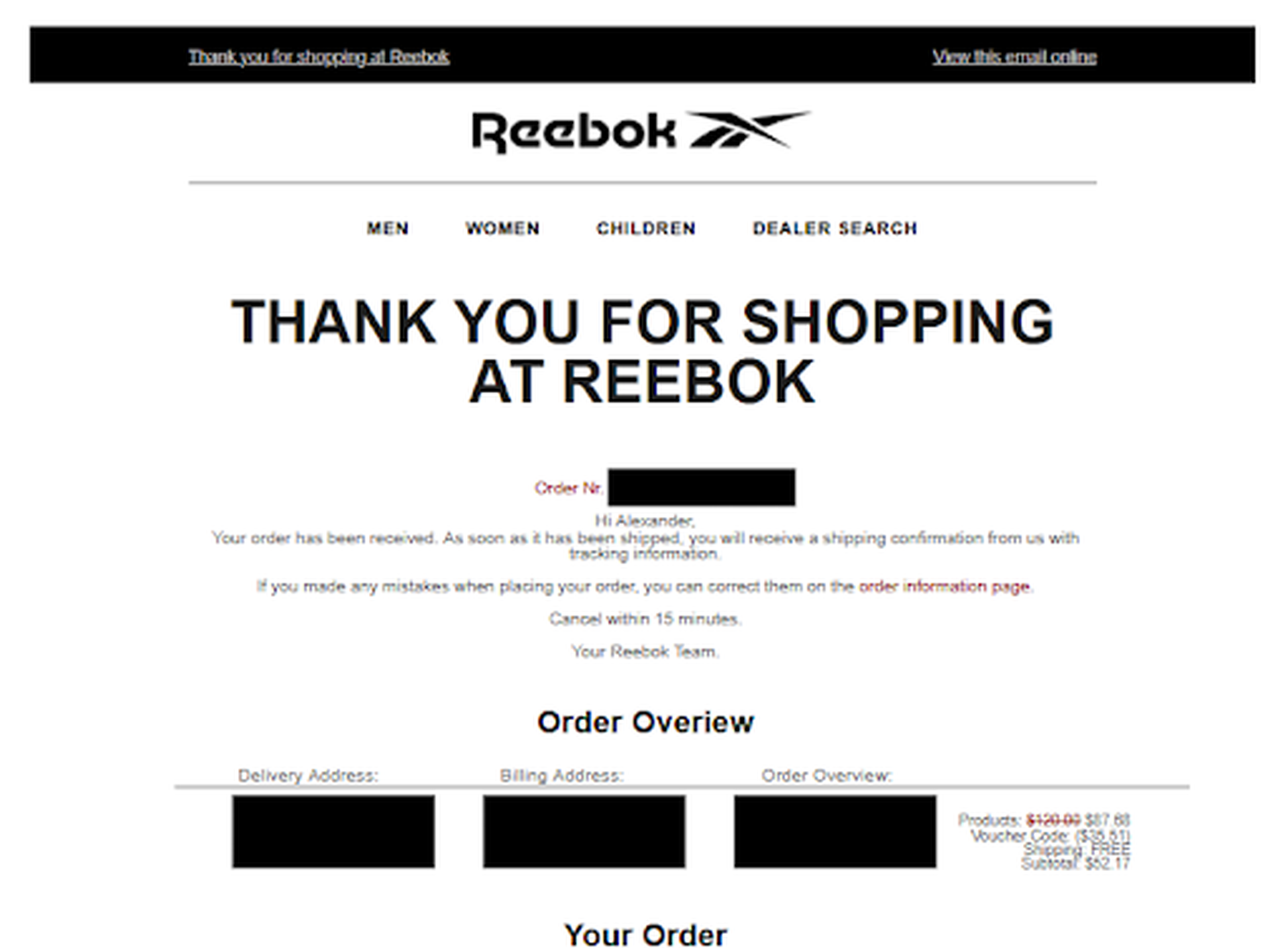 Reebok receipt from Alex's Black Friday shoe purchase