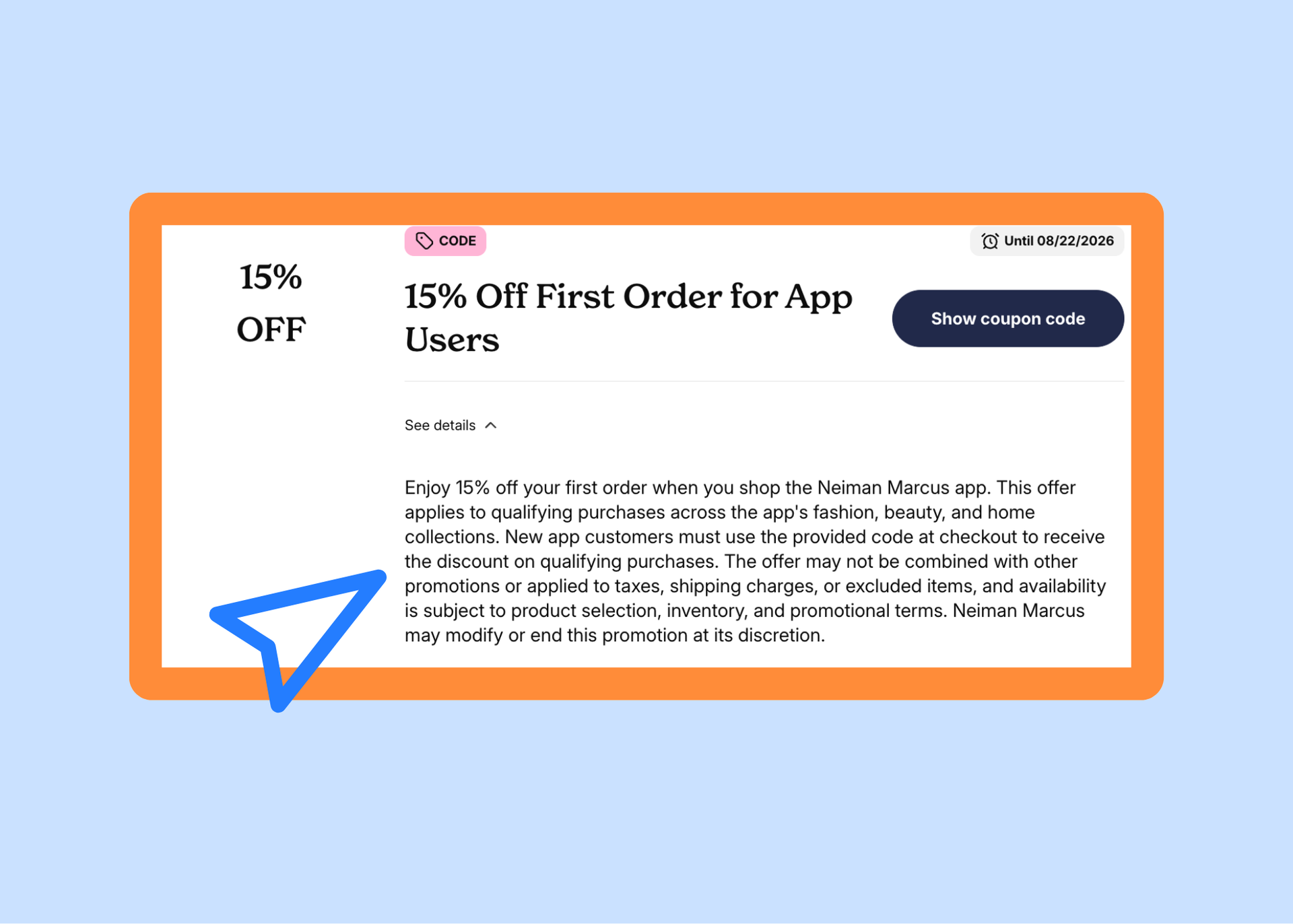an example of the terms and conditions found on a Coupons.com voucher for Neiman Marcus