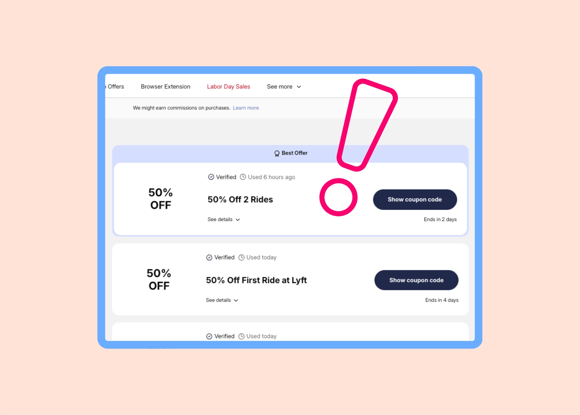screenshot of the coupons.com lyft retailer page with a 50% off 2 rides coupon