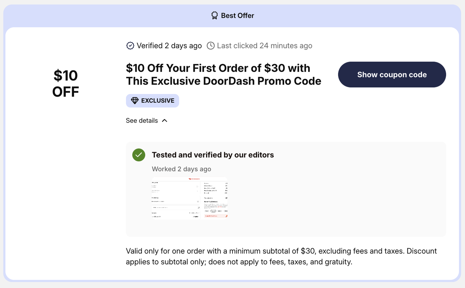 Coupons.com coupon card showing a Verified label, last-checked time and a checkout screenshot