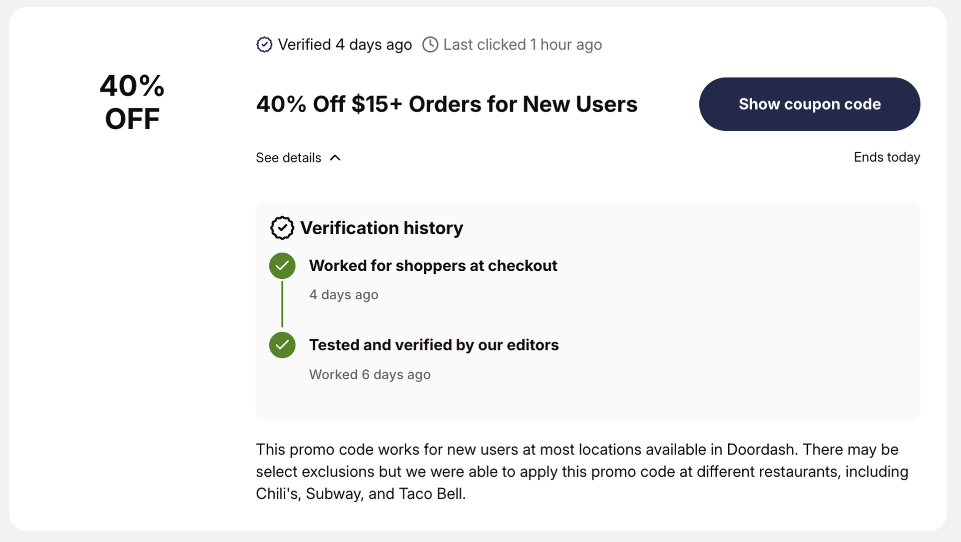 Coupon card with a Verified label checked 4 days ago