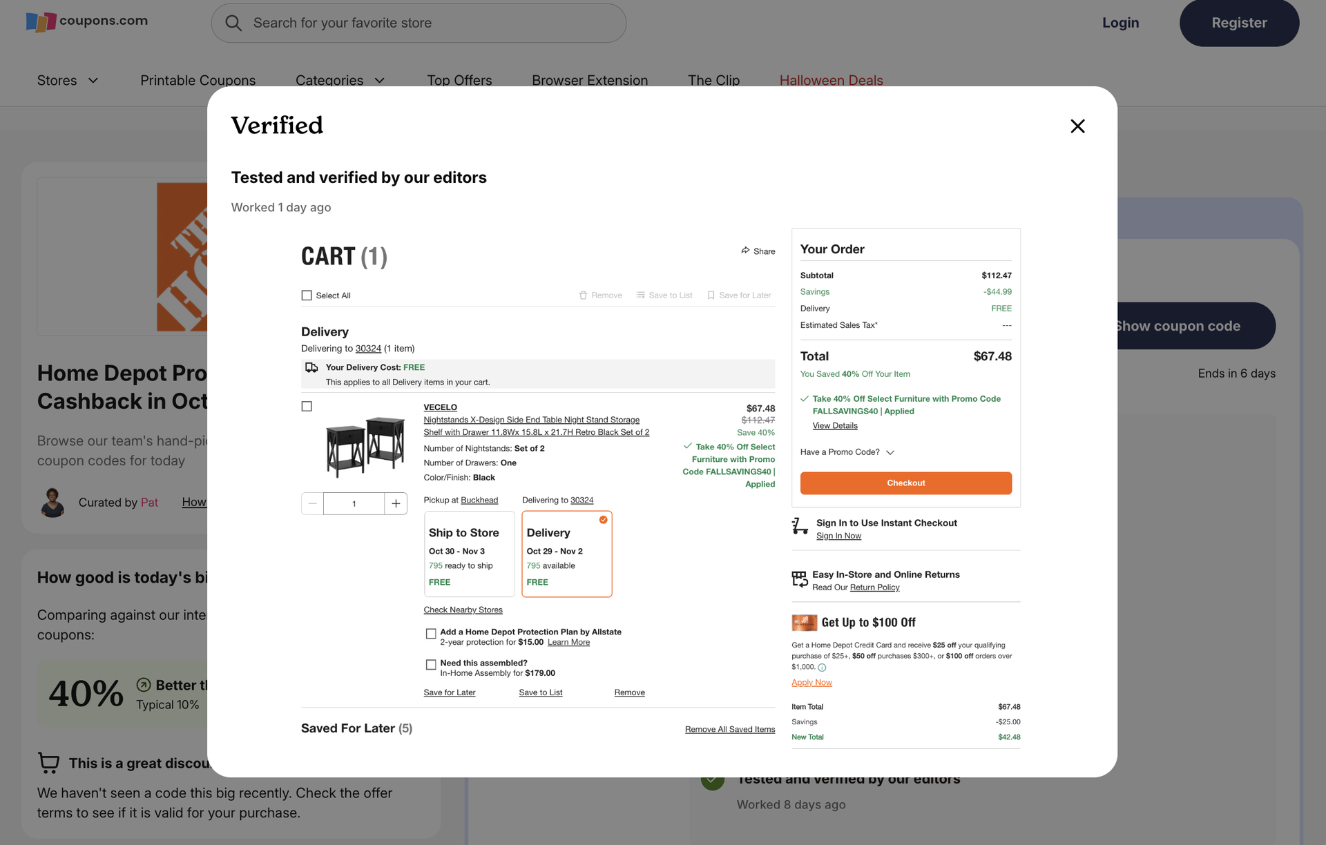 Editor's checkout screenshot showing the promo code applied and the lower total