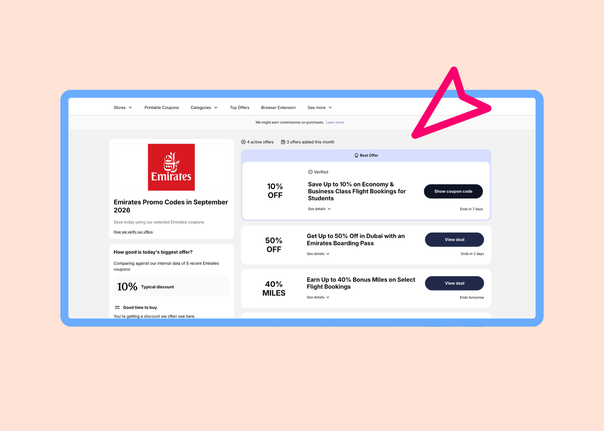 a screenshot of the emirates coupon landing page on coupons.com