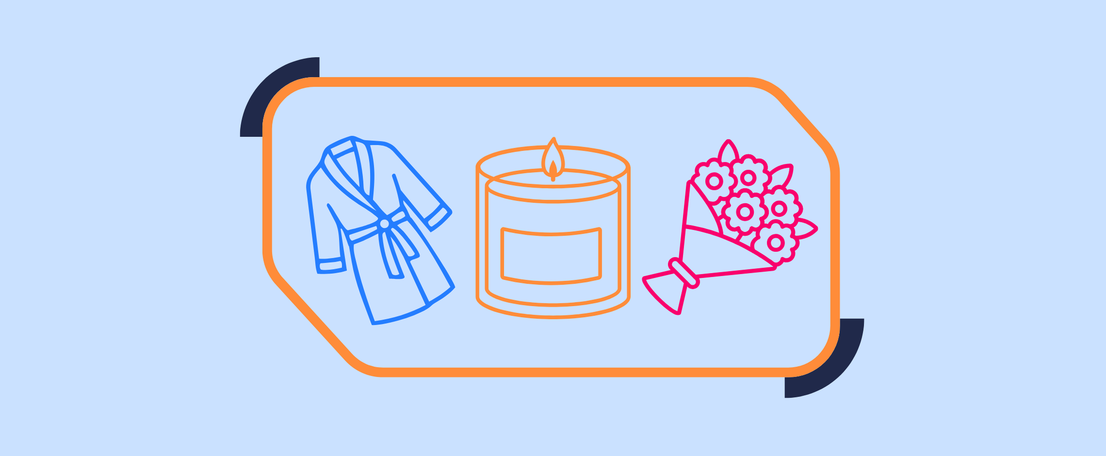 a robe, candle, and bouquet of flowers on a blue background
