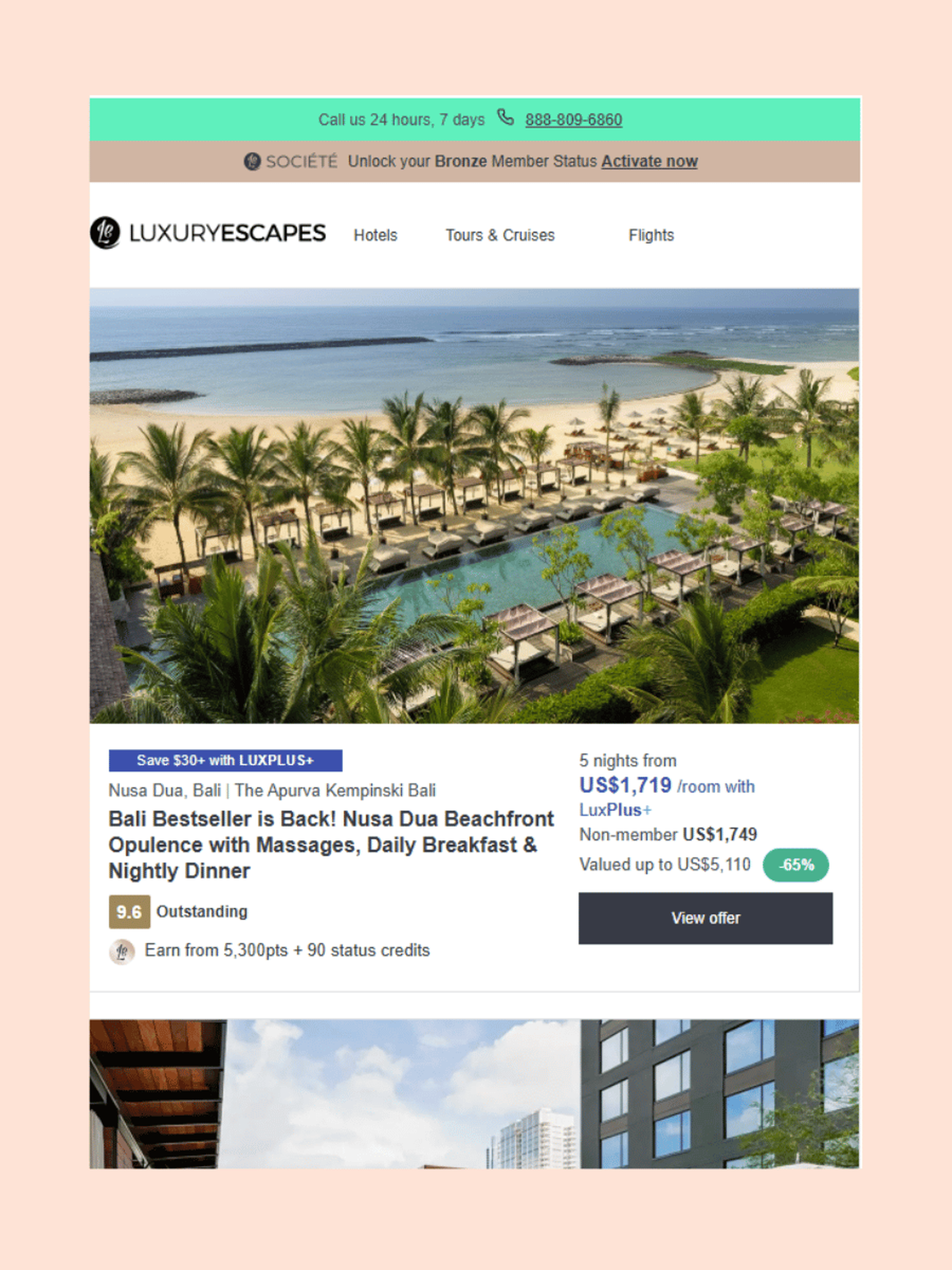 Screenshot of a hotel deal email for a beachfront Bali resort