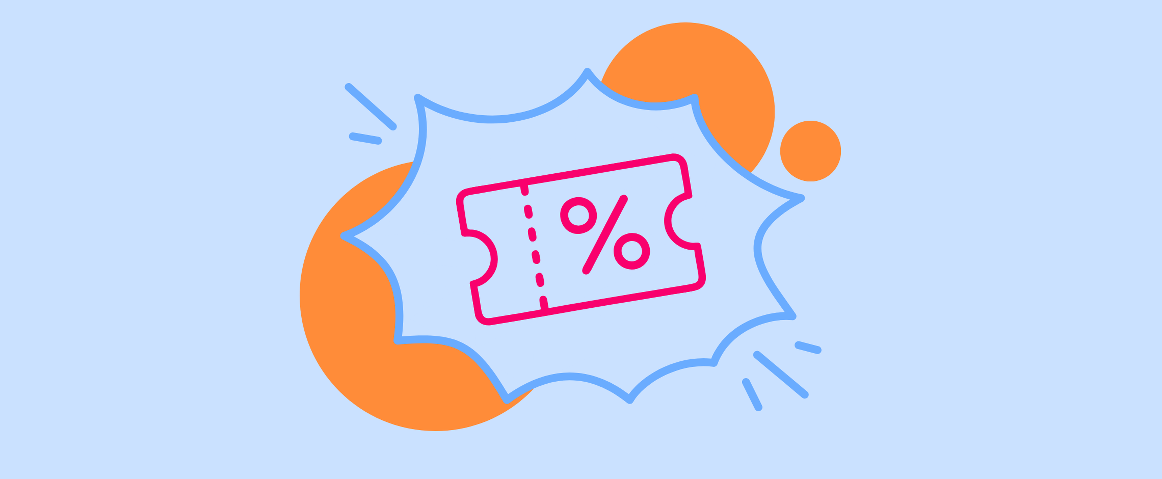 pink coupon outline on a blue and orange background