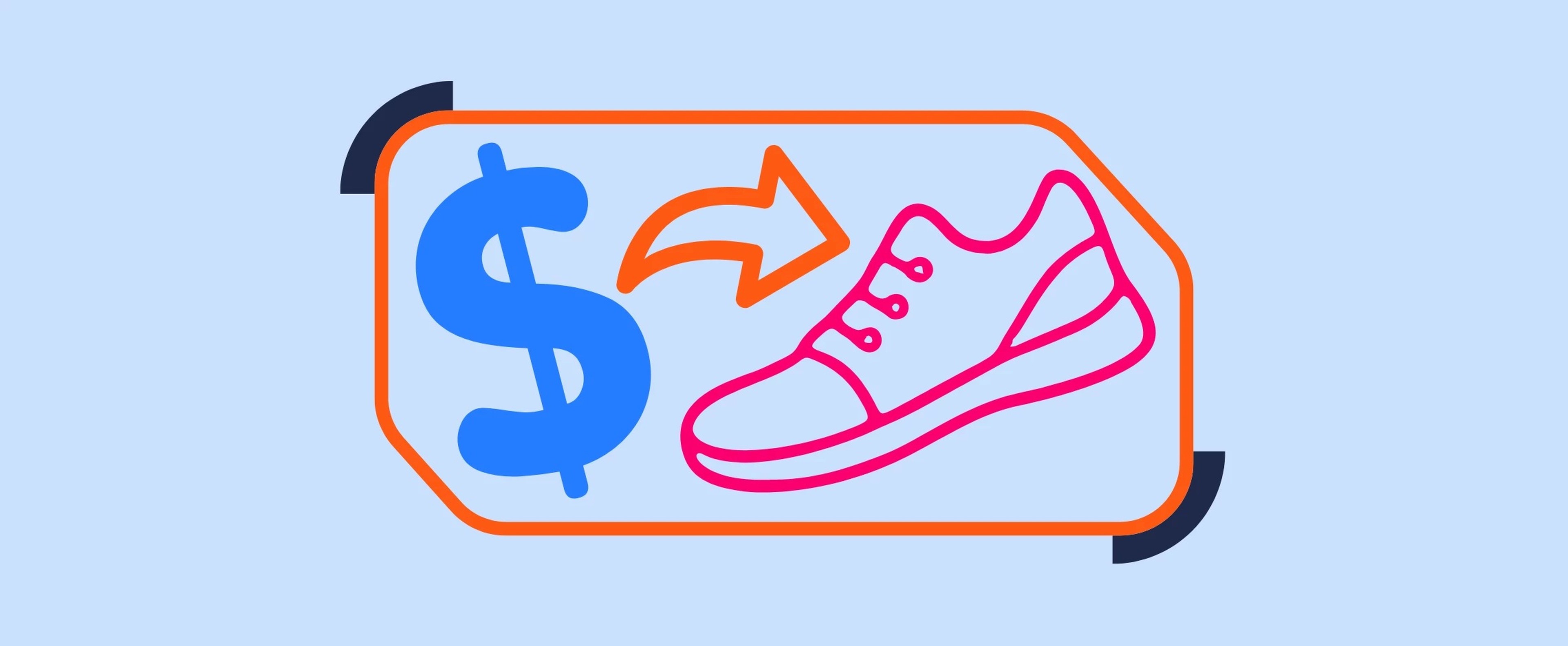 blue dollar sign with pink running shoe on blue background with orange accents