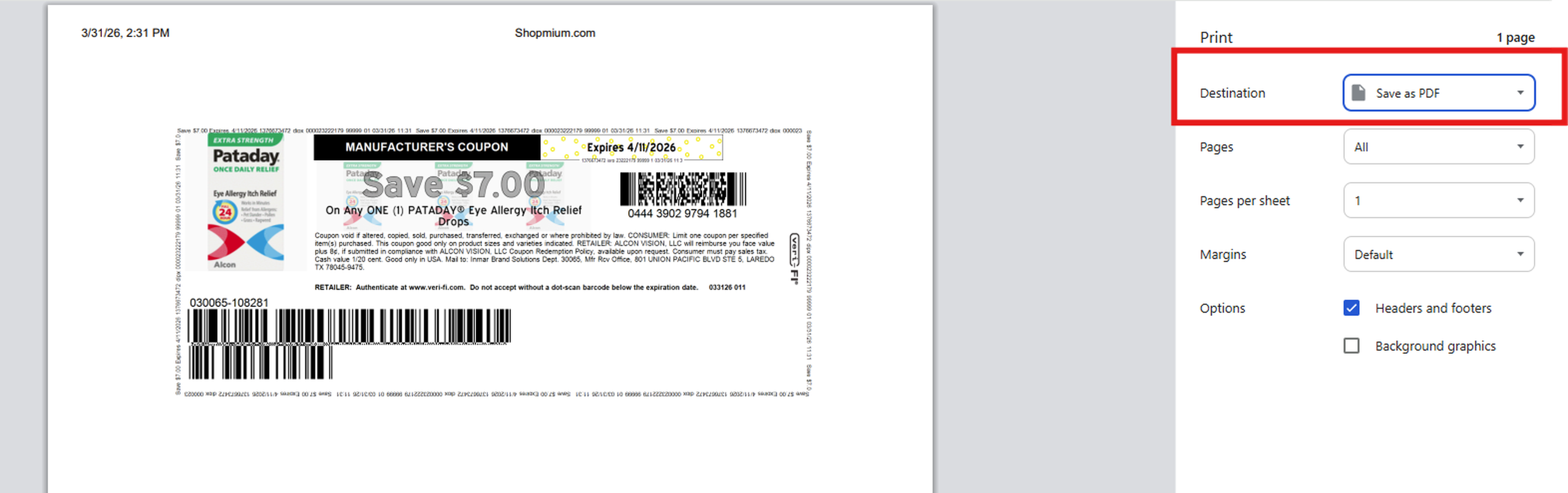Save Coupon as pdf instead of printing