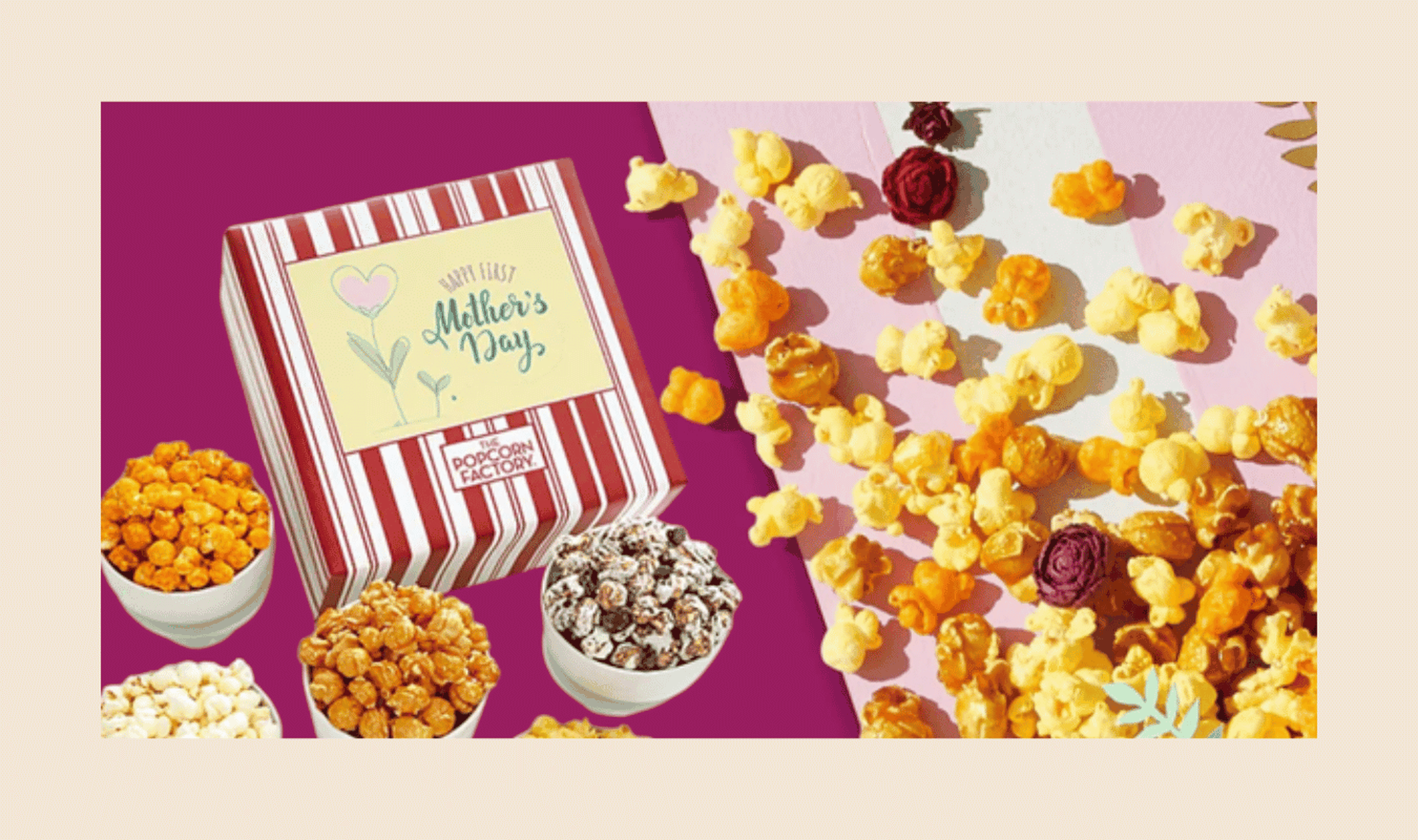 Mother's Day popcorn gift box from The Popcorn Factory with various flavored popcorn scattered around