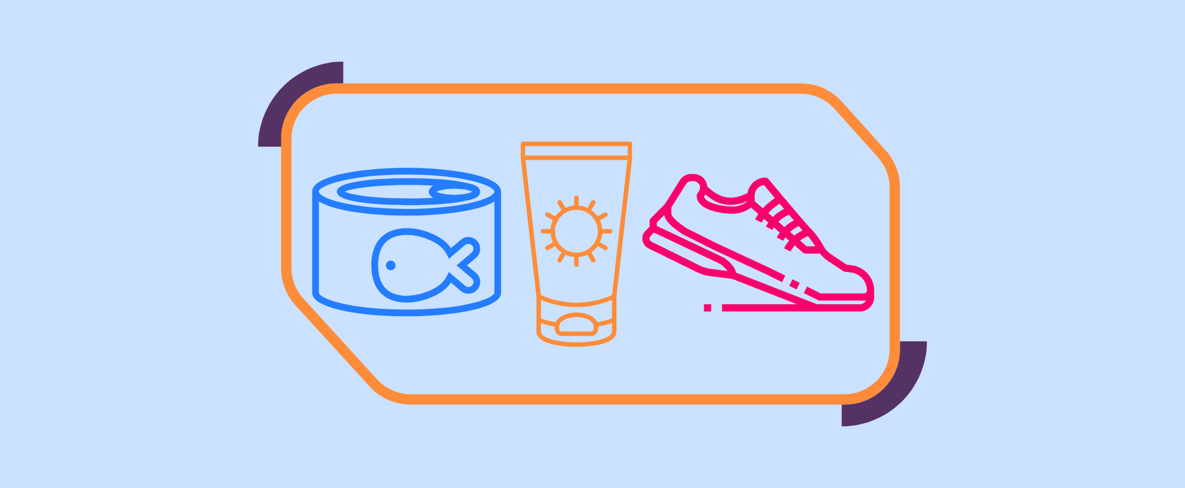 graphics of pet food, sunscreen, and running shoe on a blue background