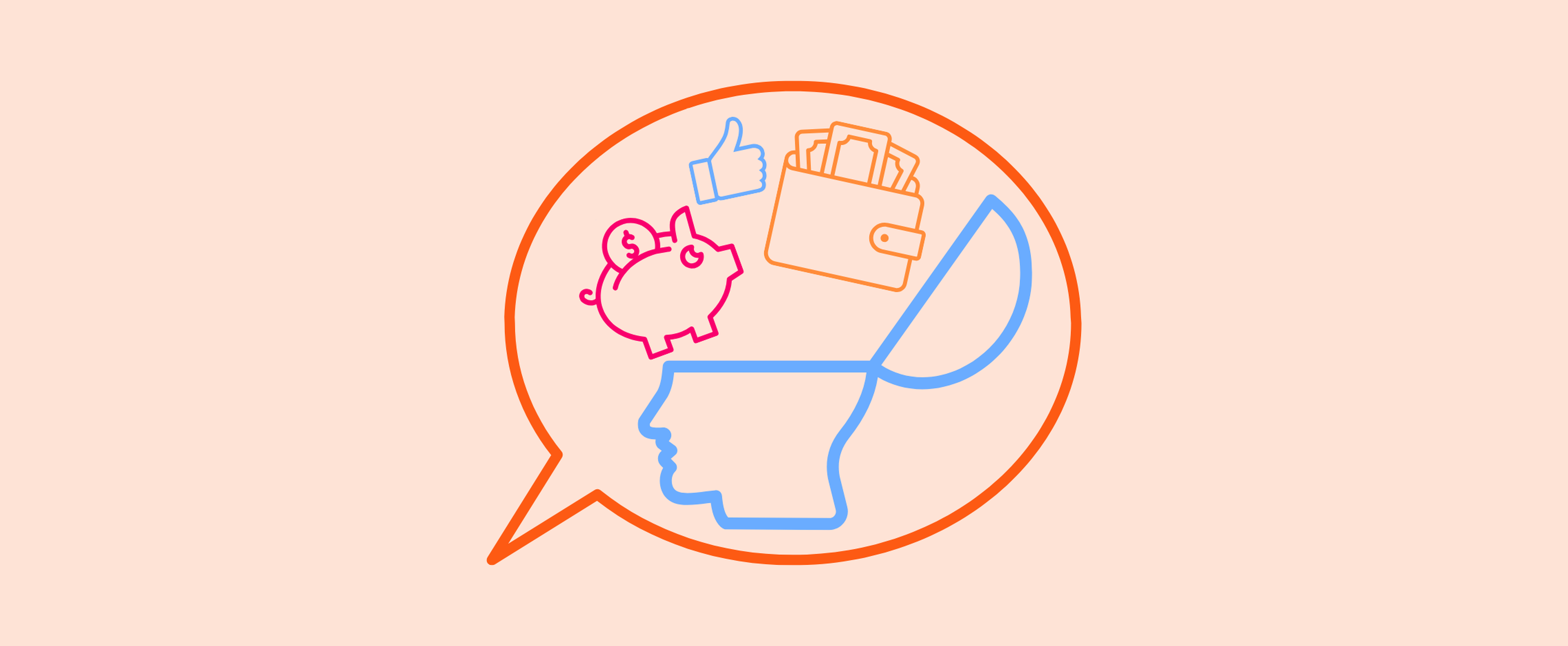 a thought bubble with the silhouette of a head with piggy bank wallet and thumbs up