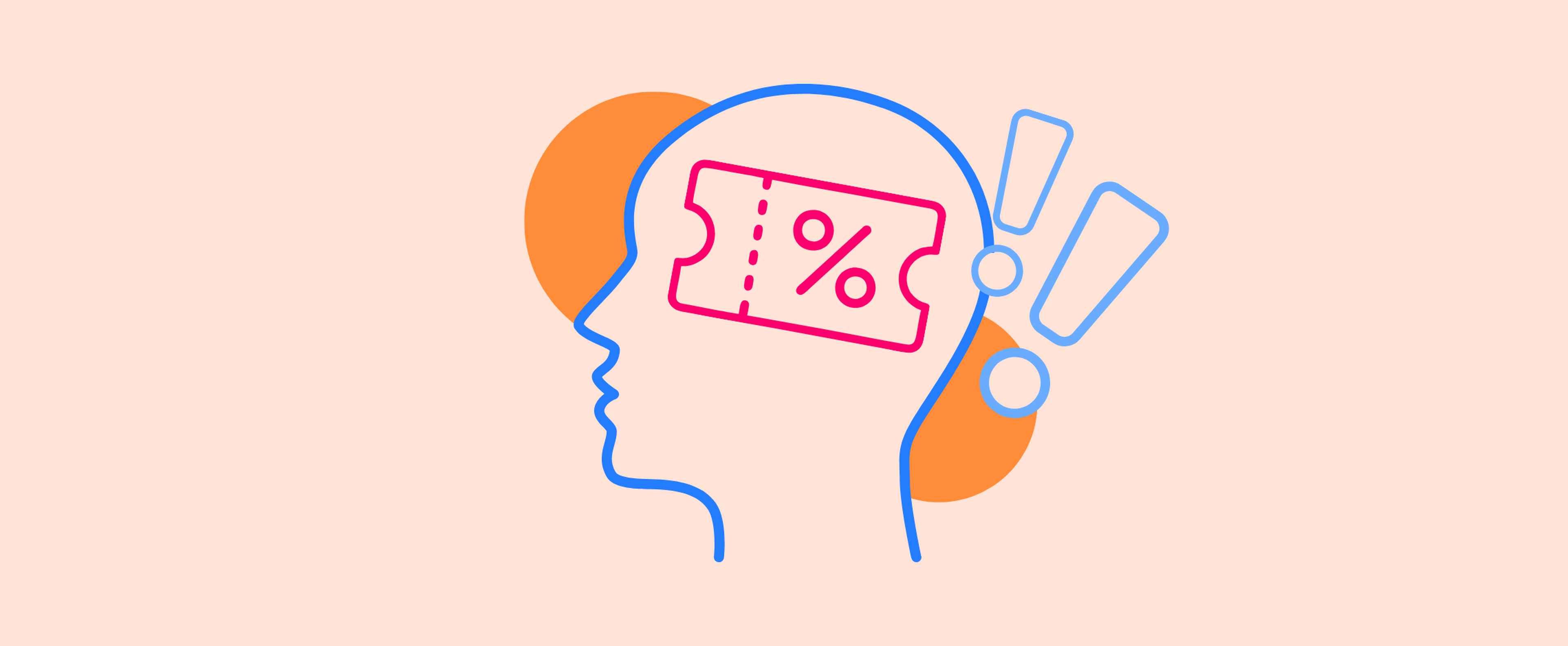 the silhouette of a head with a coupon shown in the middle with a few exclamation points around it