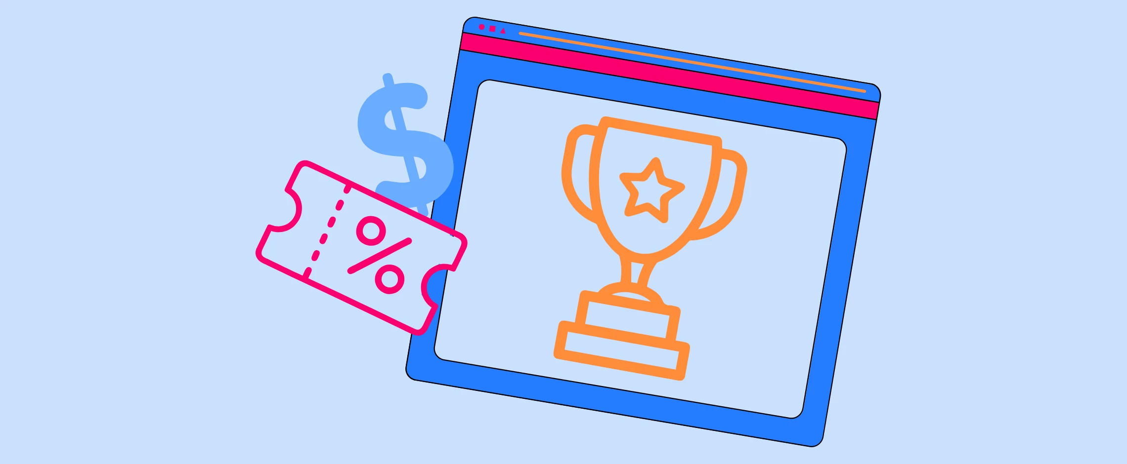 webpage graphic with a trophy, coupon, and dollar sign