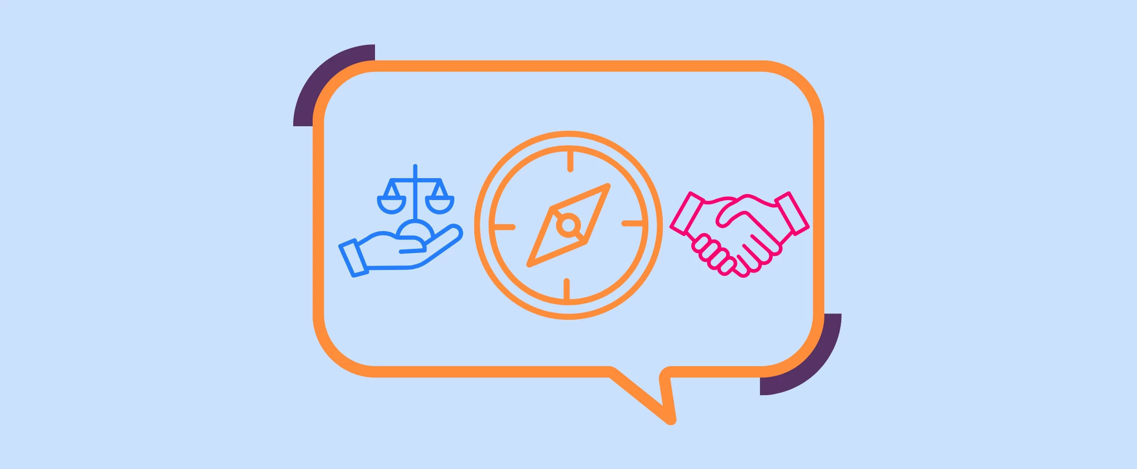 blue hand holding a set of scales, an orange compass, and a pink set of hands shaking on a light blue background