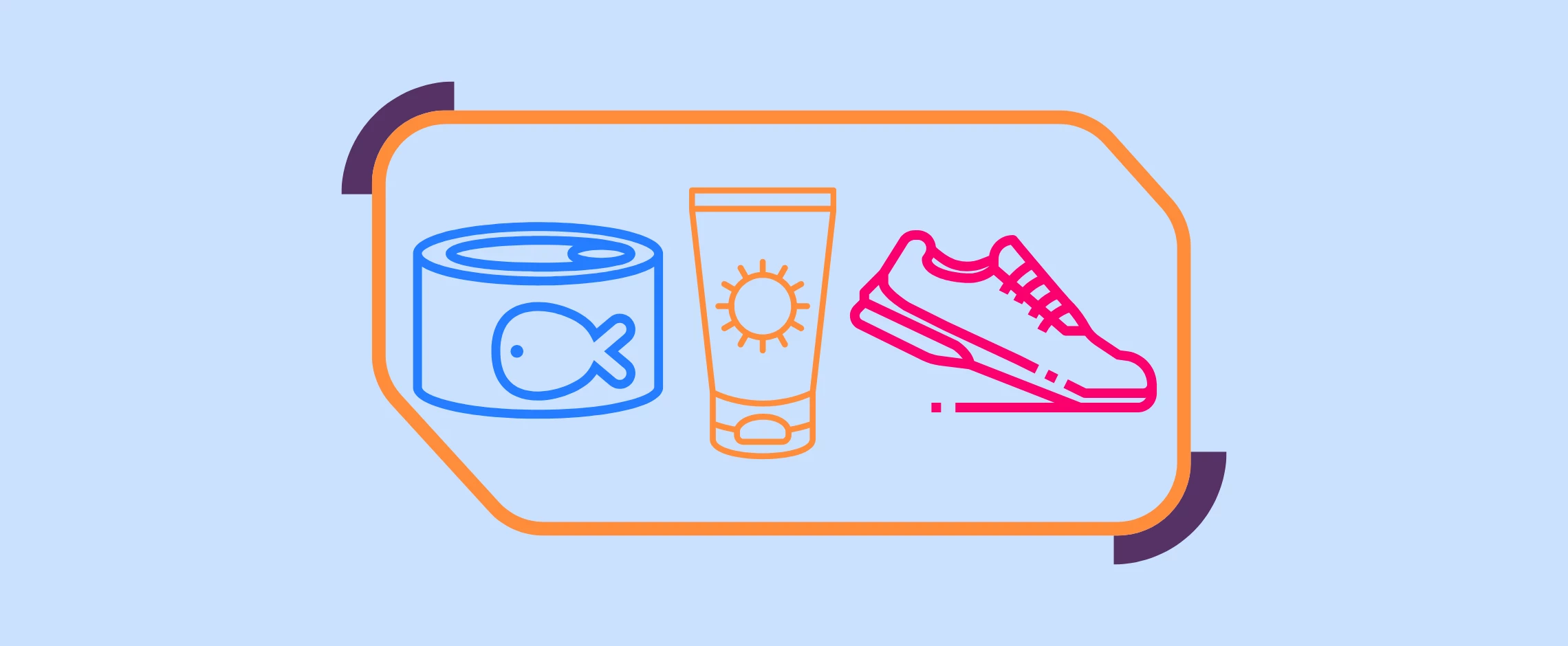 graphics of pet food, sunscreen, and running shoe on a blue background