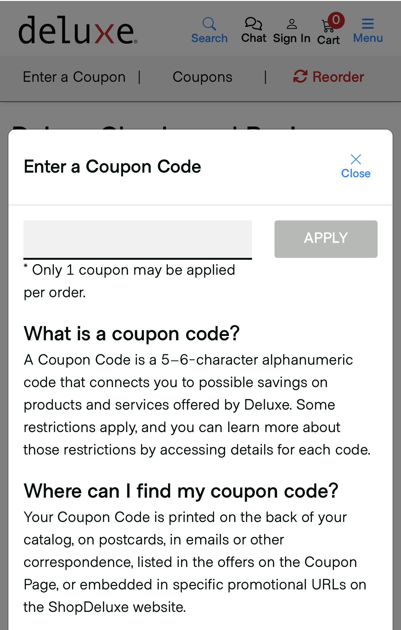 Deluxe checkout showing “Enter a Coupon” field and Apply button