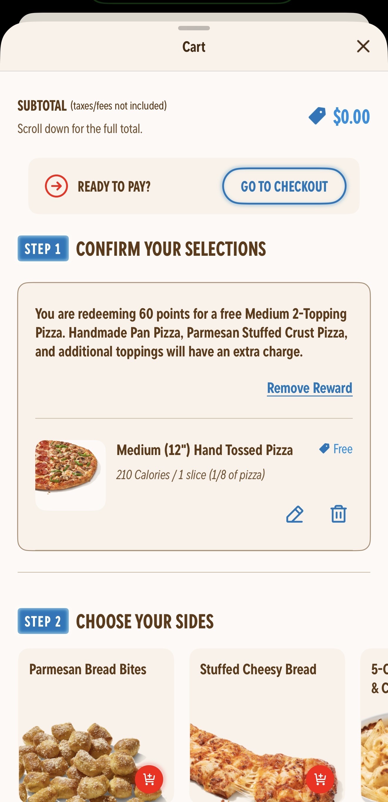 Domino’s Rewards screen showing points earned per $5 spent