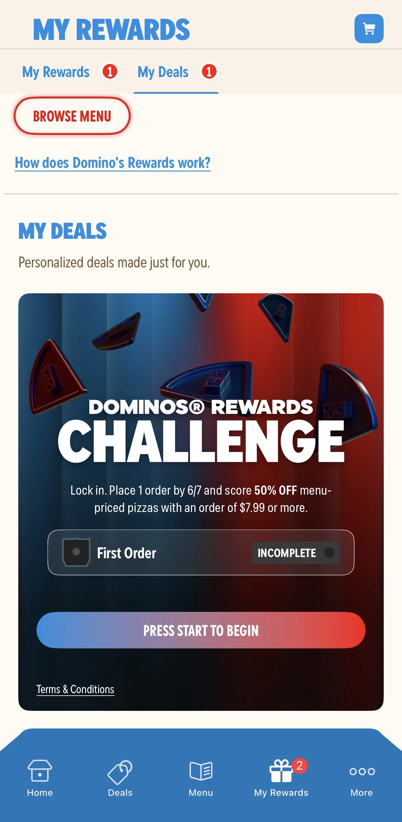 Domino’s app home screen showing My Rewards and Deals options for app savings