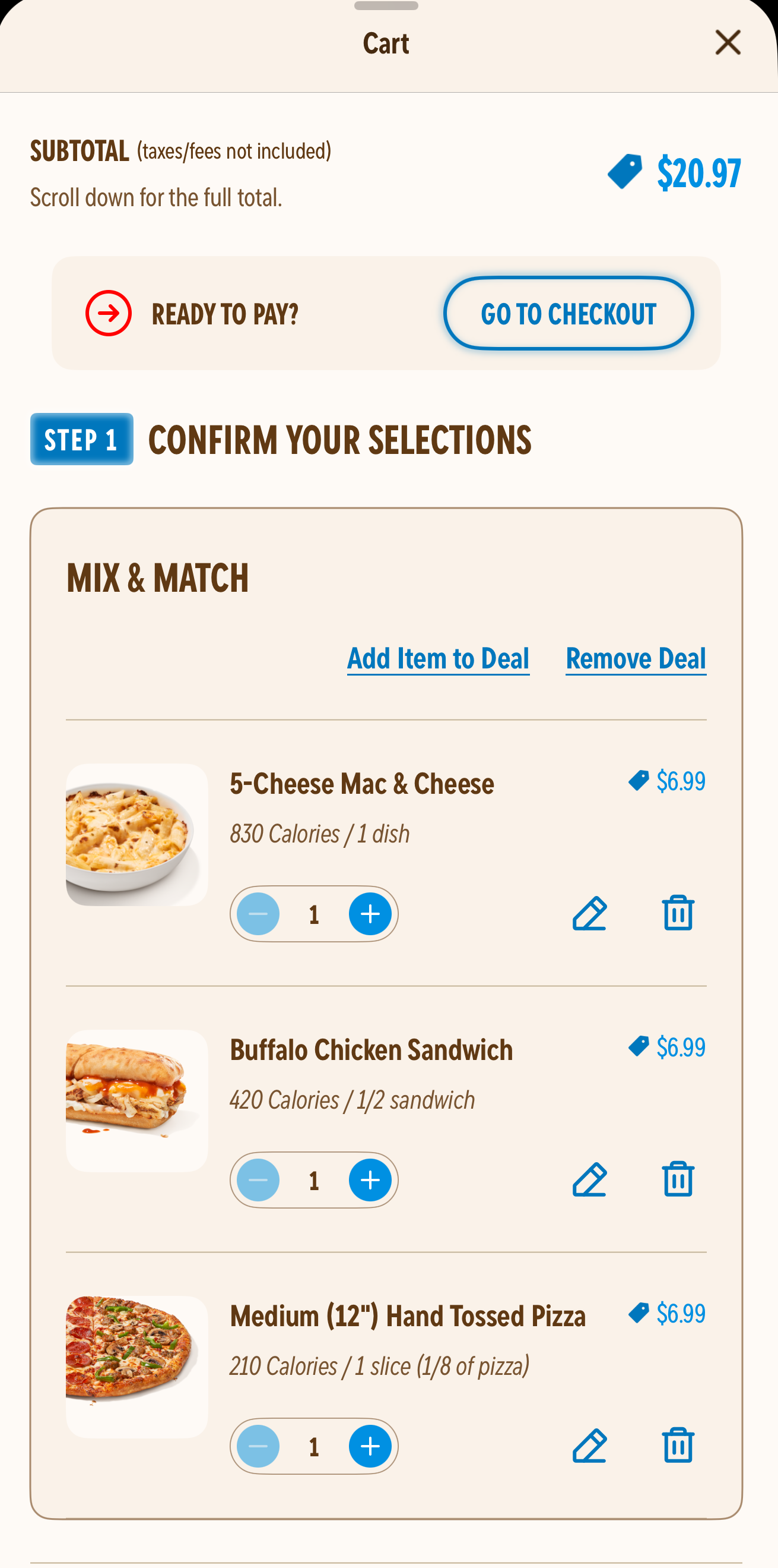 Domino’s app cart showing Mix & Match carryout items and prices
