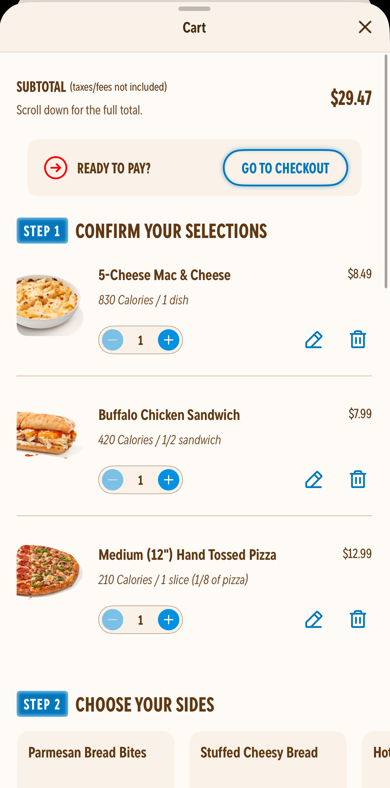 Domino’s app cart showing the same items at regular menu prices