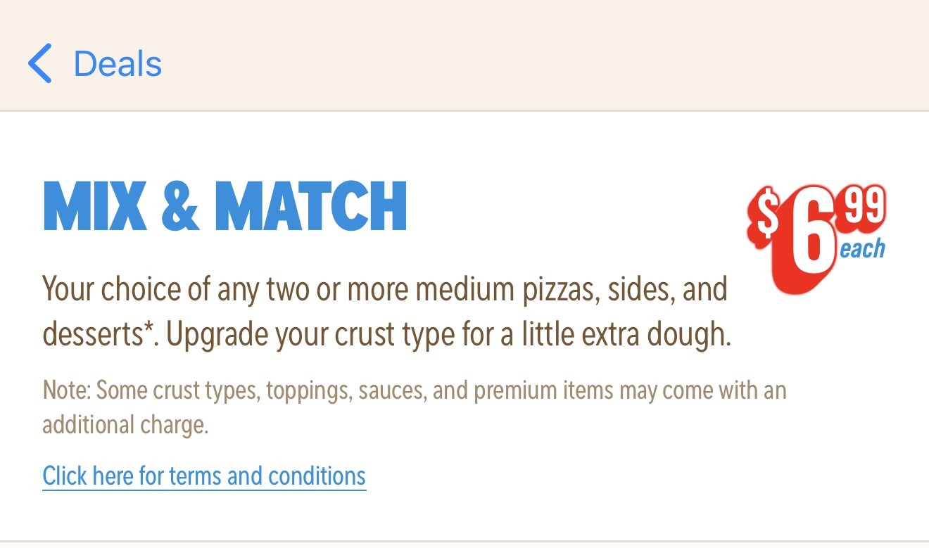 Domino’s Mix and Match deal banner showing two or more items for $6.99 each