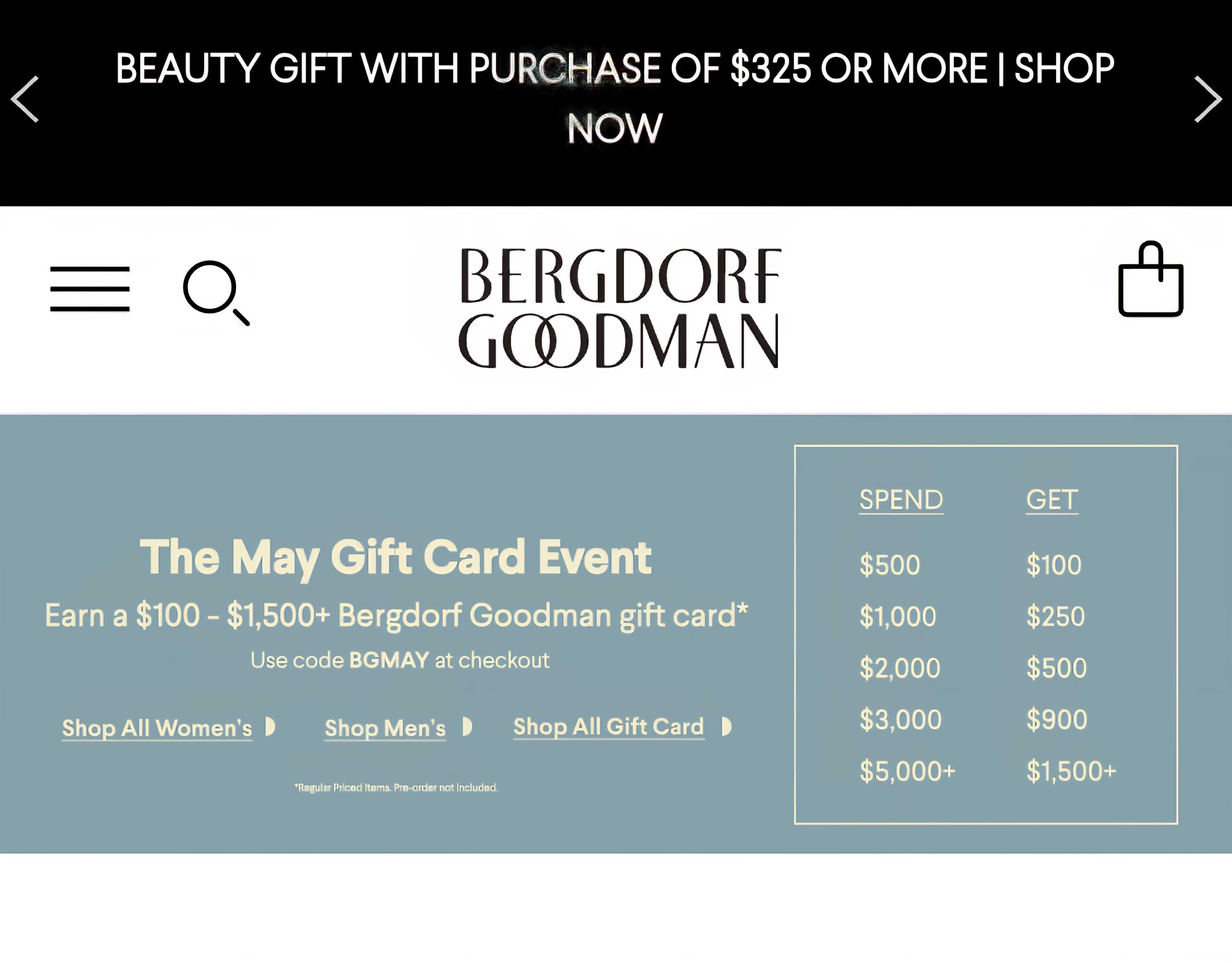 Bergdorf Goodman My Gift Card Event banner showing gift card amounts by spend