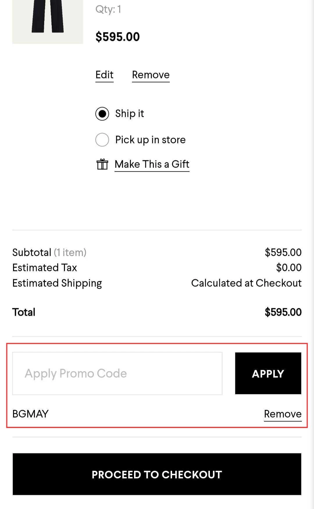Bergdorf Goodman checkout screen with promo code field and Apply button