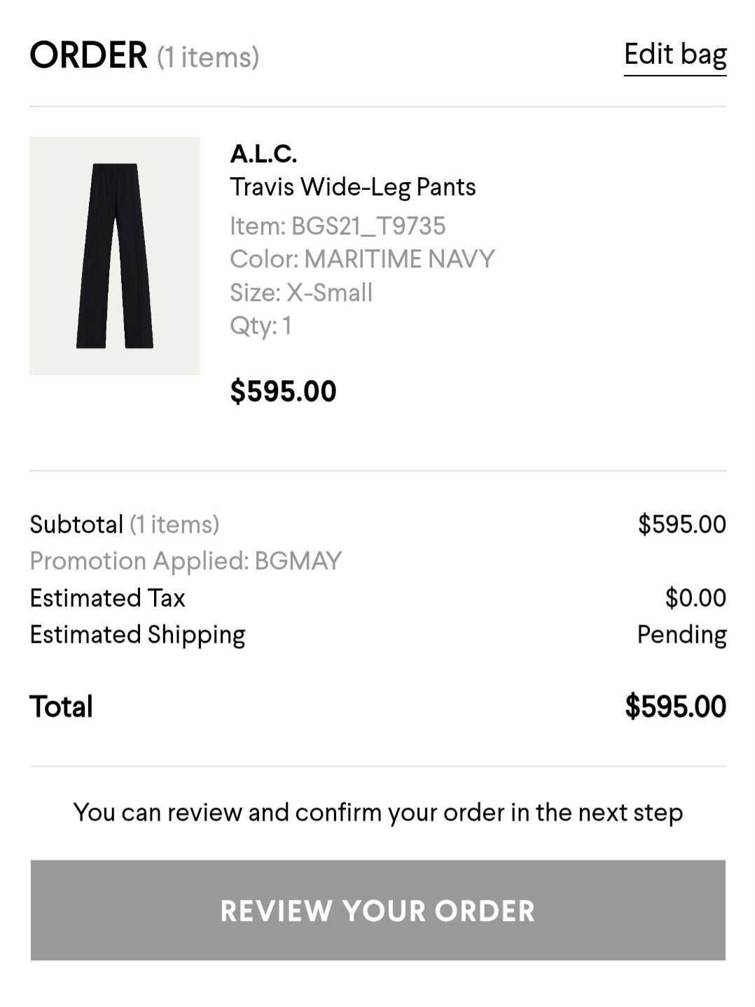 Bergdorf Goodman order review screen showing totals before placing order