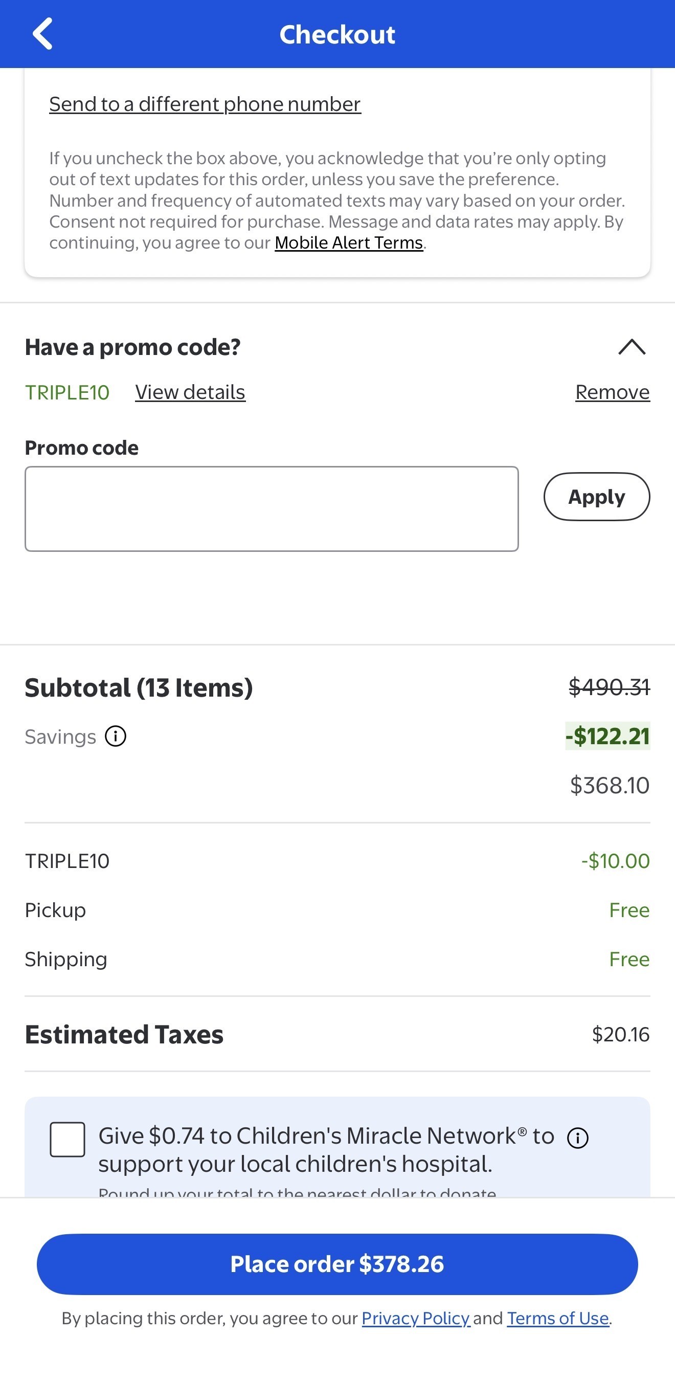 Applying Walmart promo code during checkout on order summary page