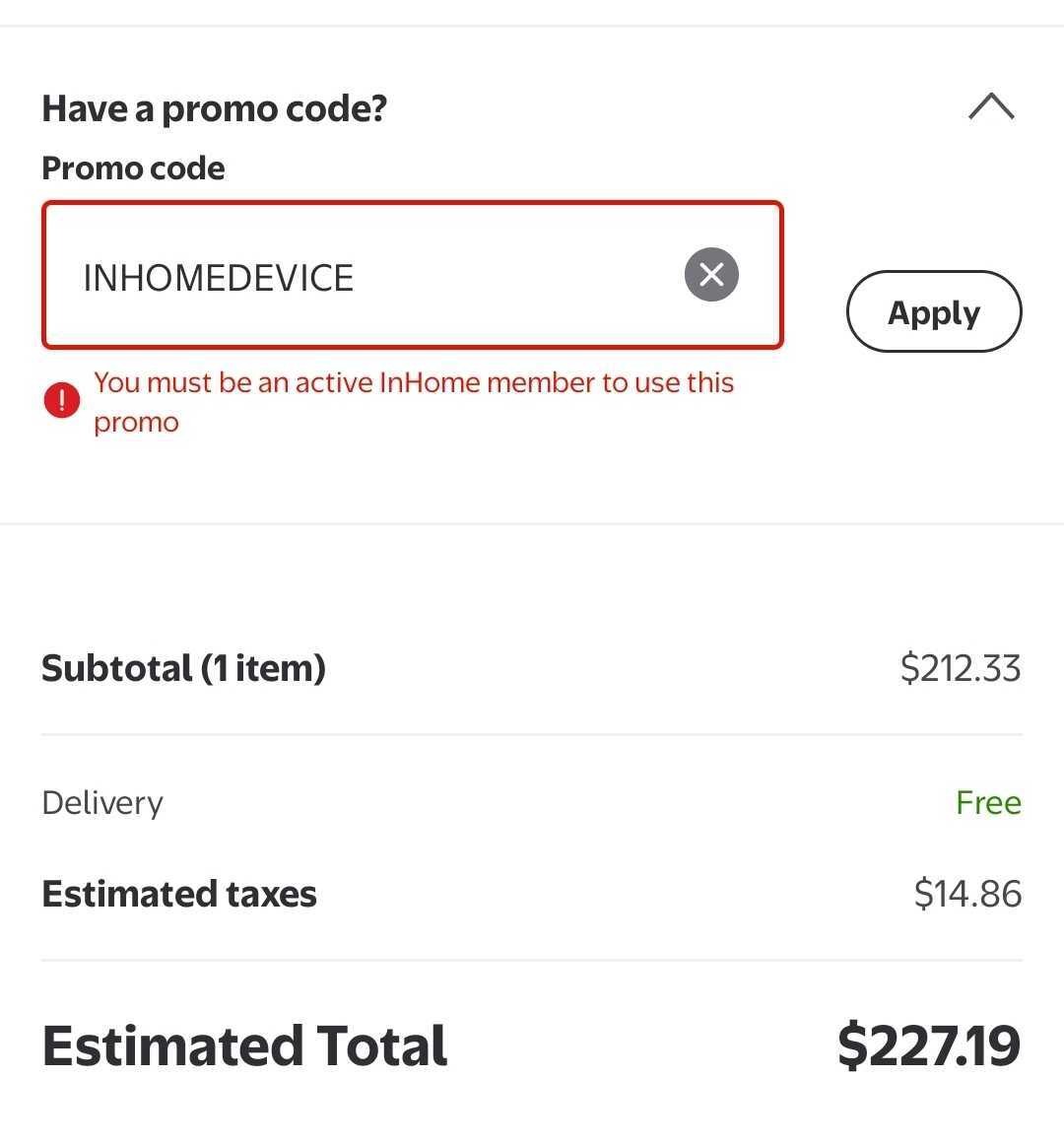 Walmart checkout promo code error message under promo code box