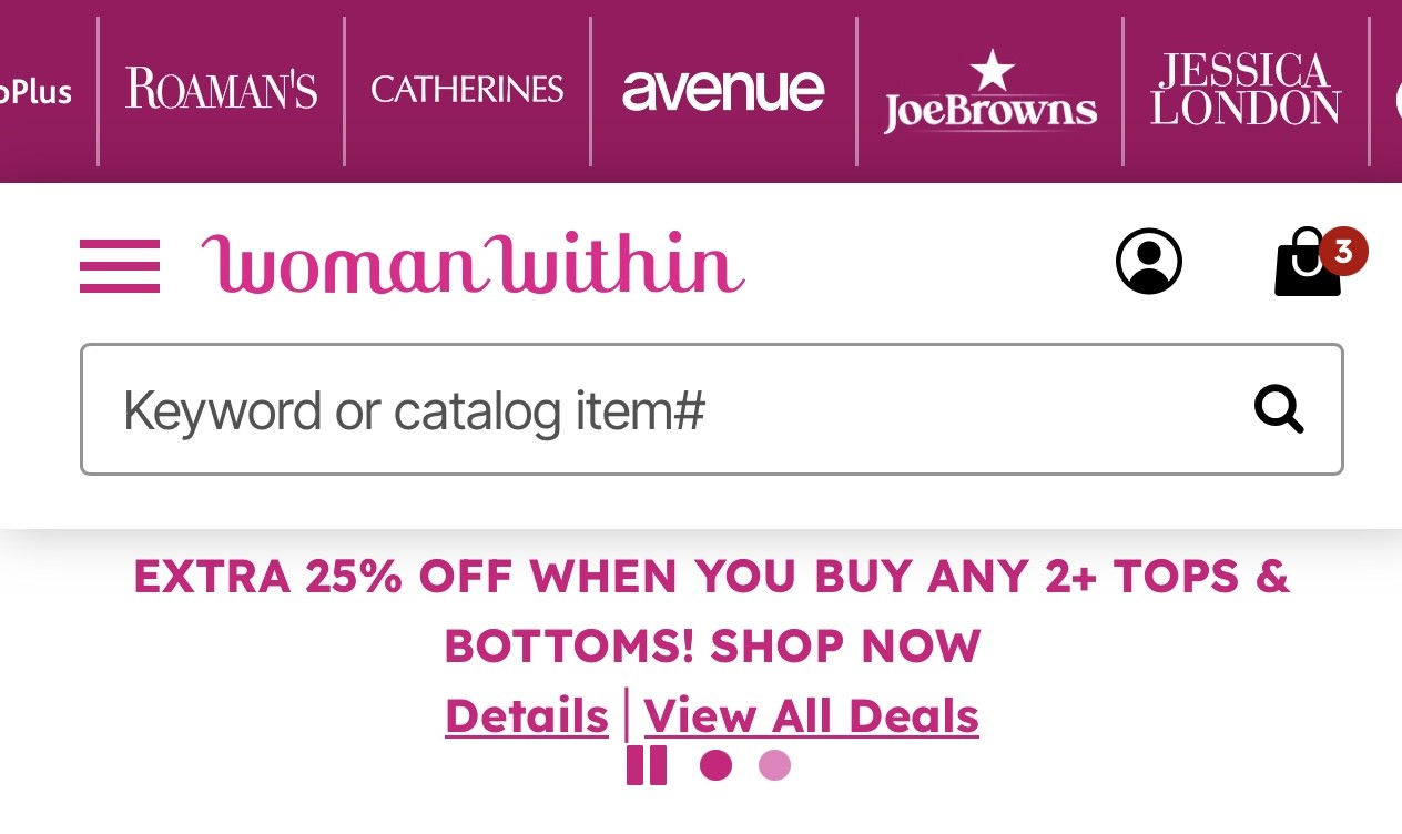 Woman Within homepage header with shopping bag icon