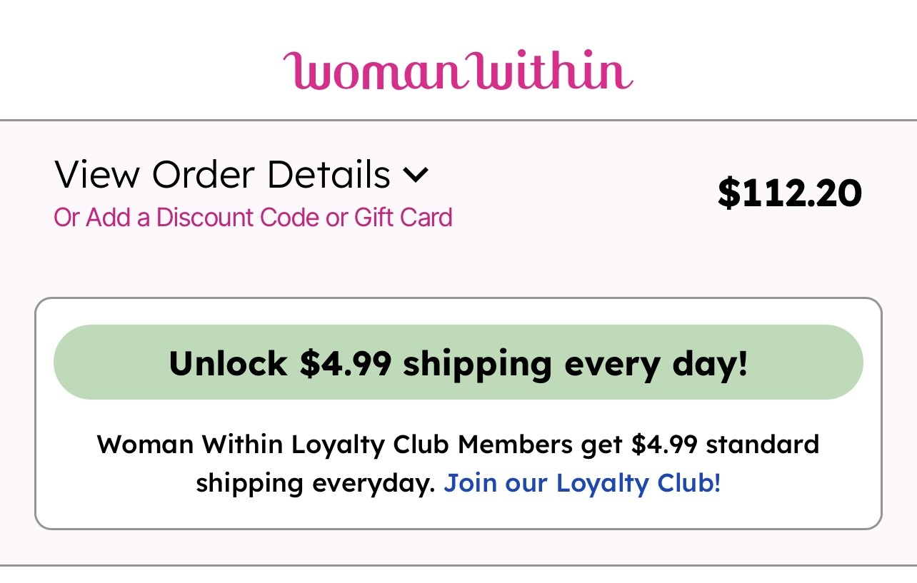 Woman Within checkout page showing Add a Discount Code or Gift Card link