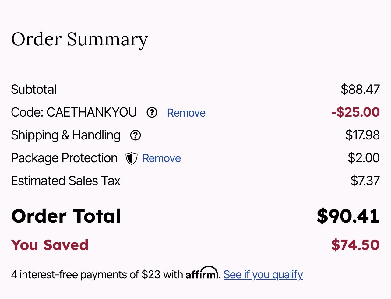 Order summary showing promo code applied and savings at checkout