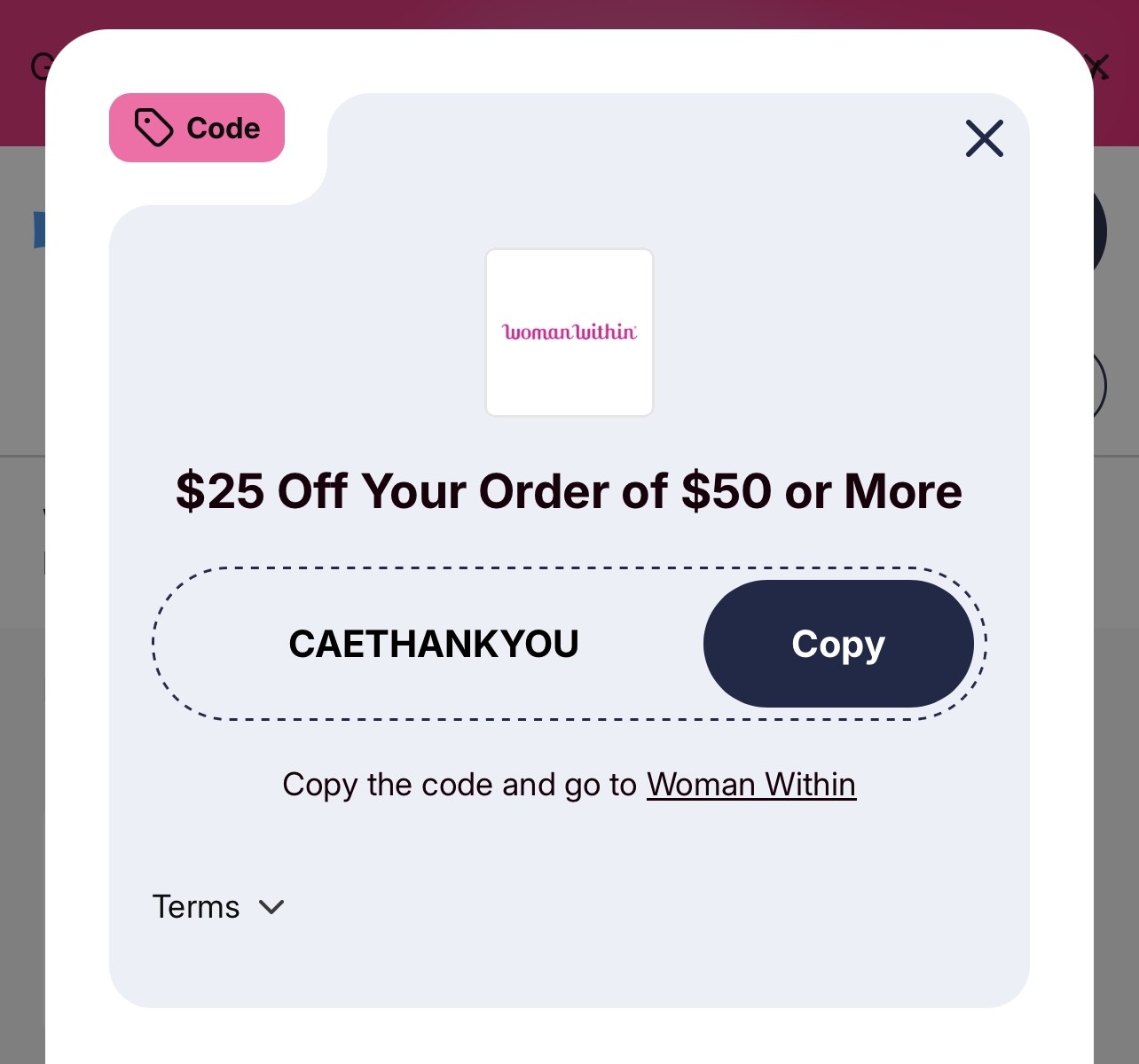 Woman Within coupon pop-up showing a promo code and Copy button