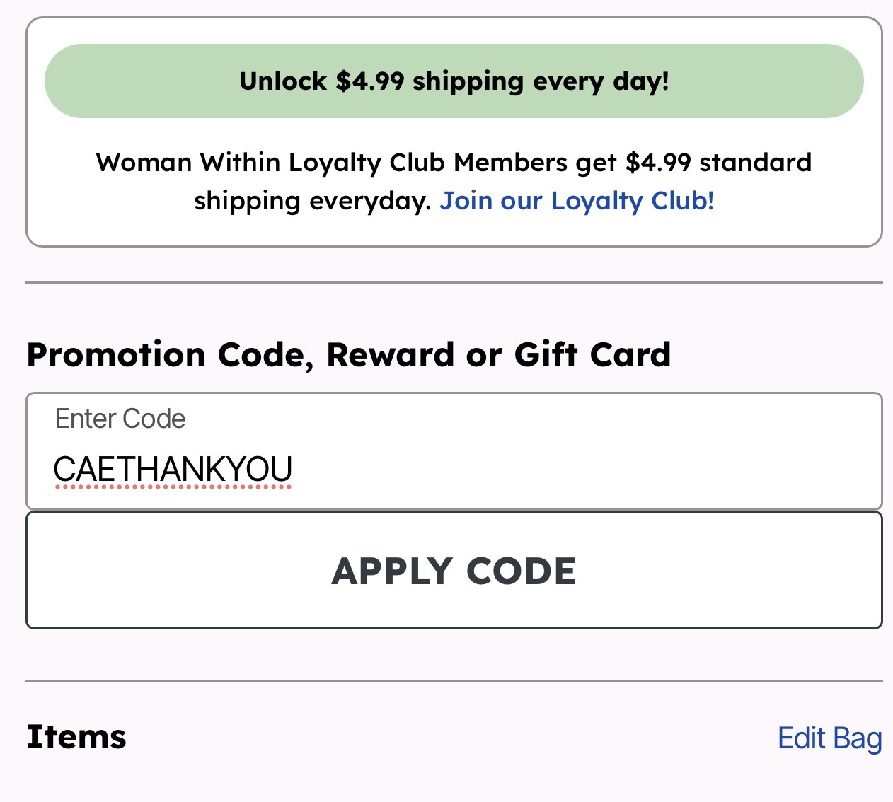 Promotion code field with Apply Code button on Woman Within checkout