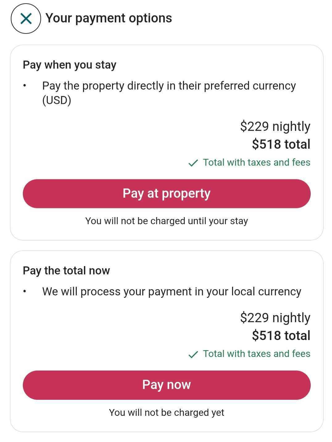 Orbitz payment selection screen showing Pay Now option