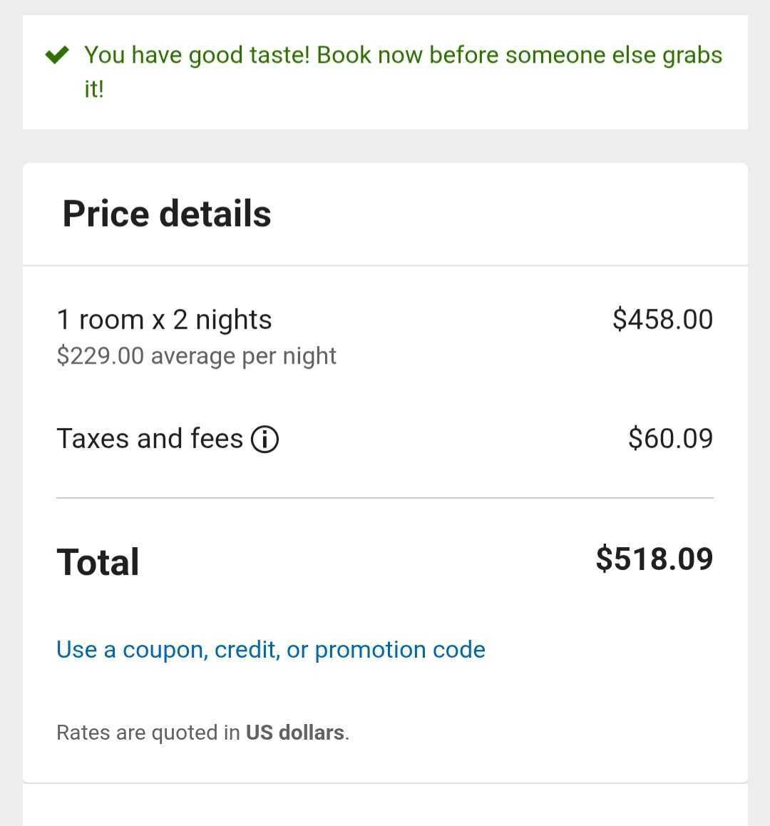 Orbitz checkout price details with link to use a coupon, credit, or promotion code