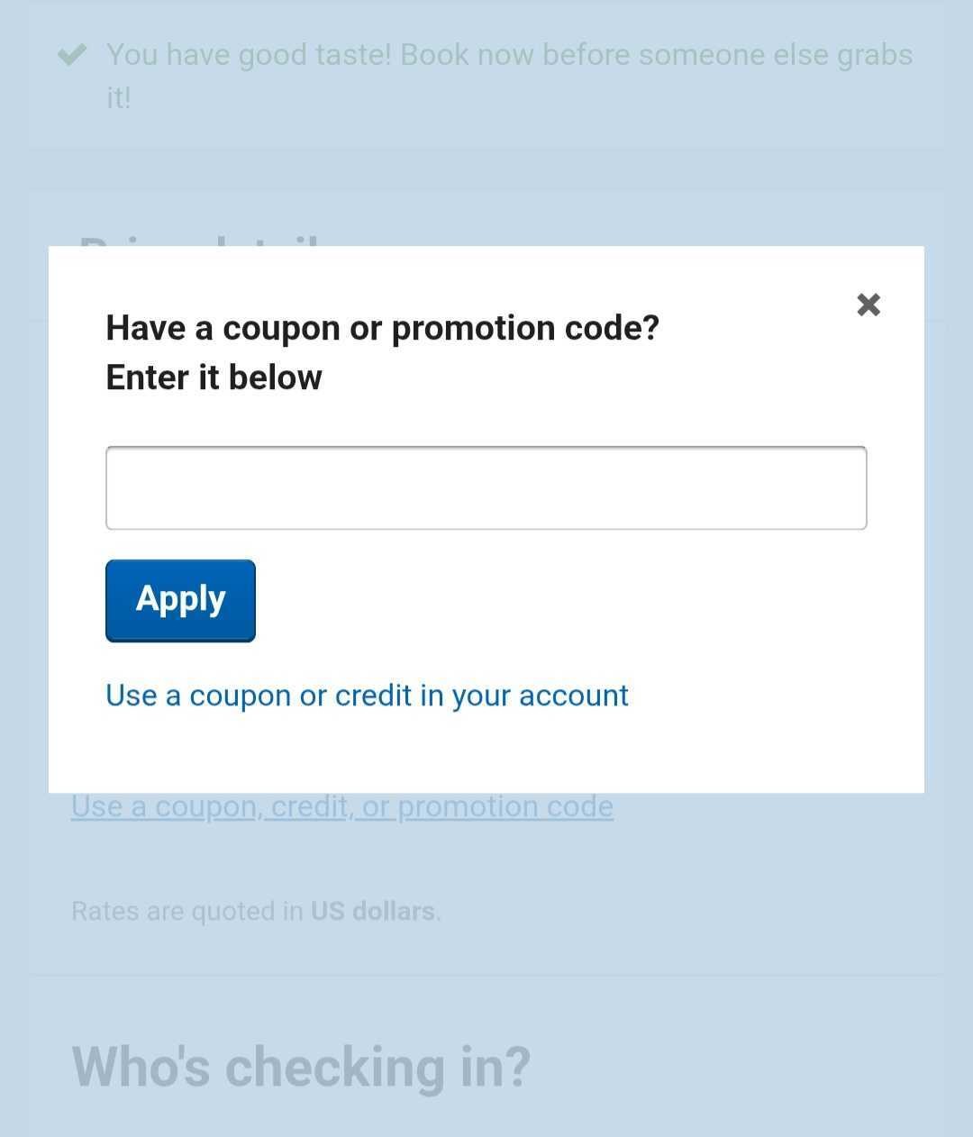 Orbitz coupon entry box with Apply button at checkout