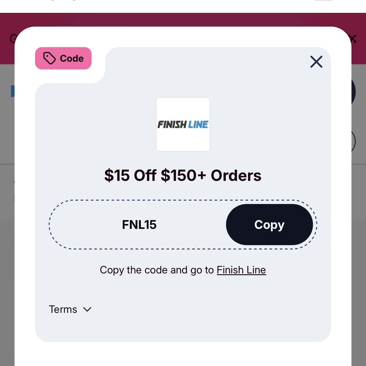 Finish Line coupon pop-up showing a promo code and Copy button