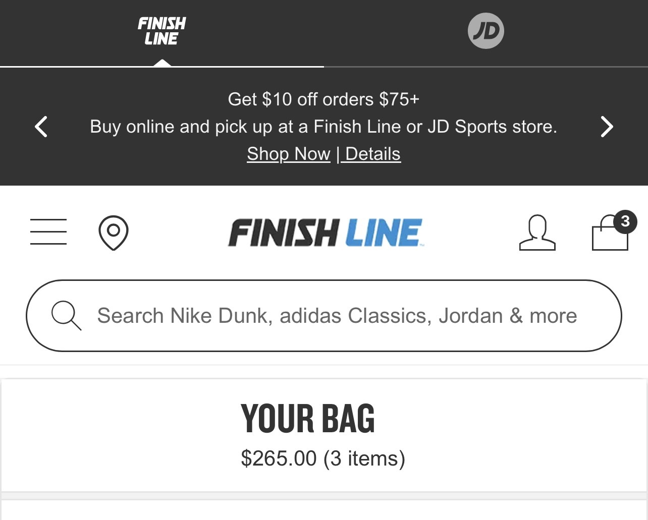 Finish Line site header with shopping cart icon for checkout
