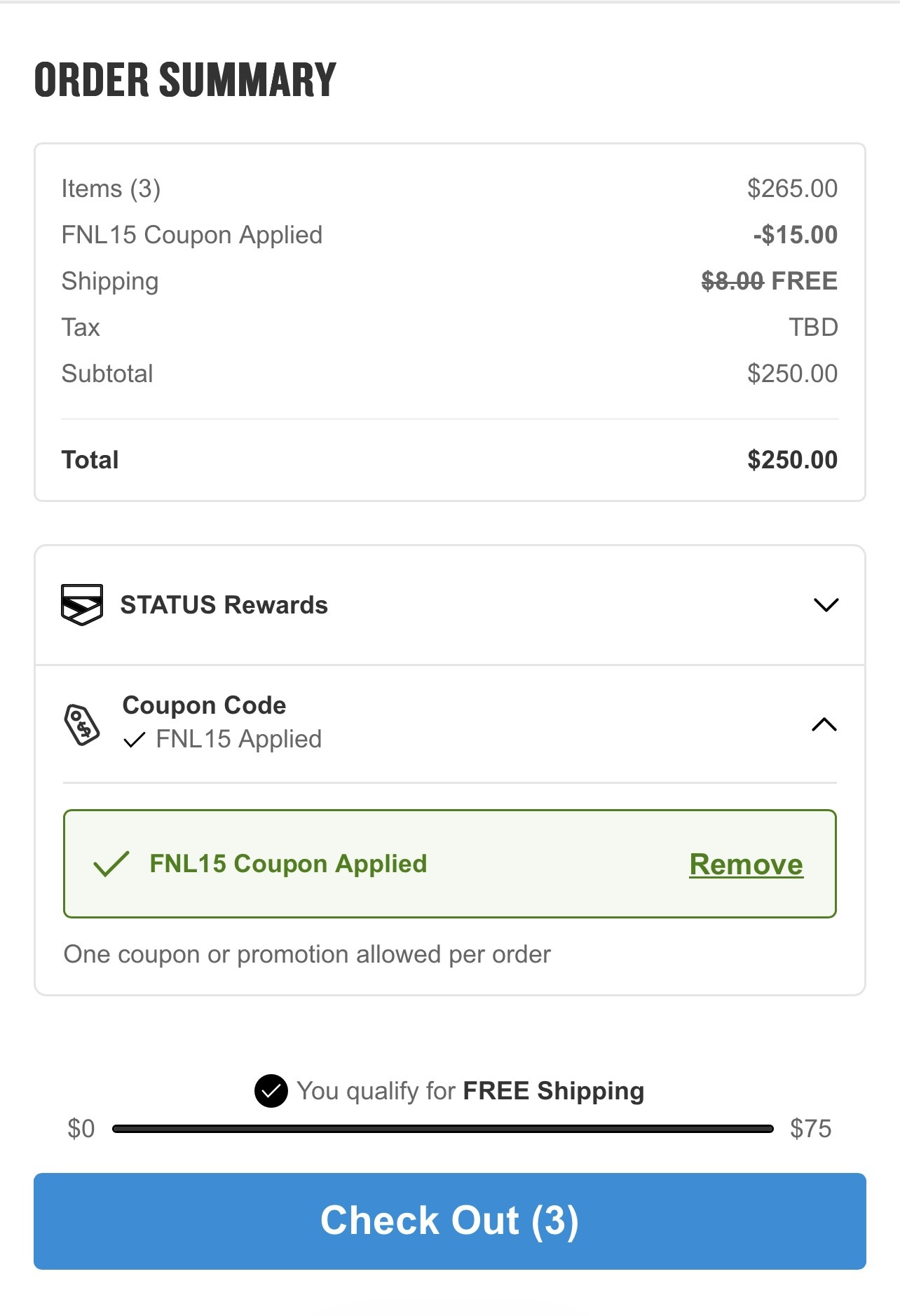 Order summary showing coupon applied and discounted total on Finish Line checkout