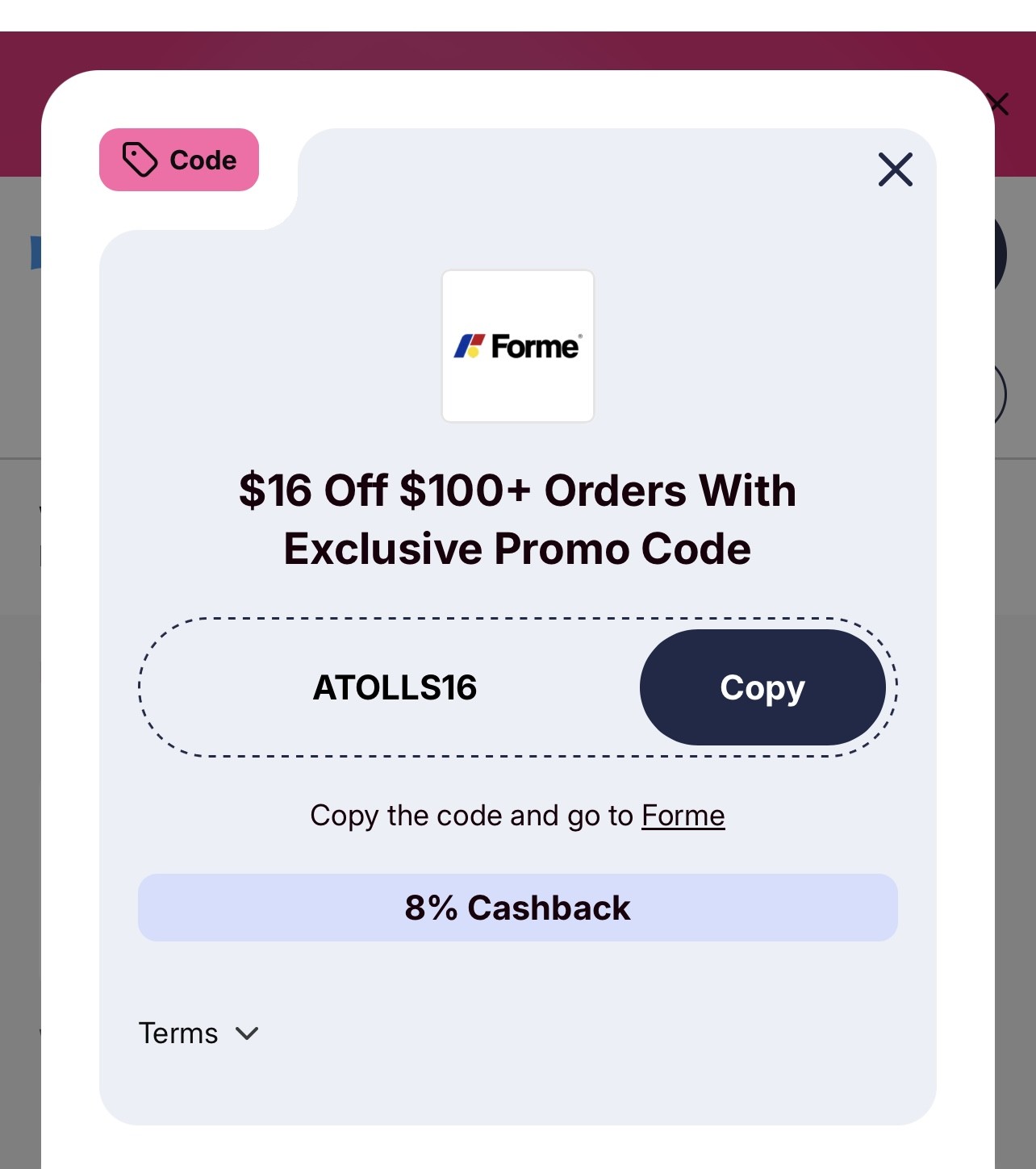 Forme promo code pop-up showing a coupon code and Copy button