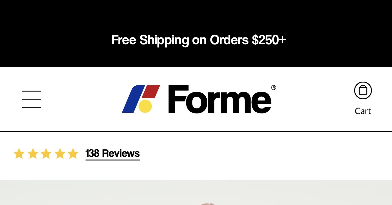 Forme website header with cart icon for viewing your shopping bag