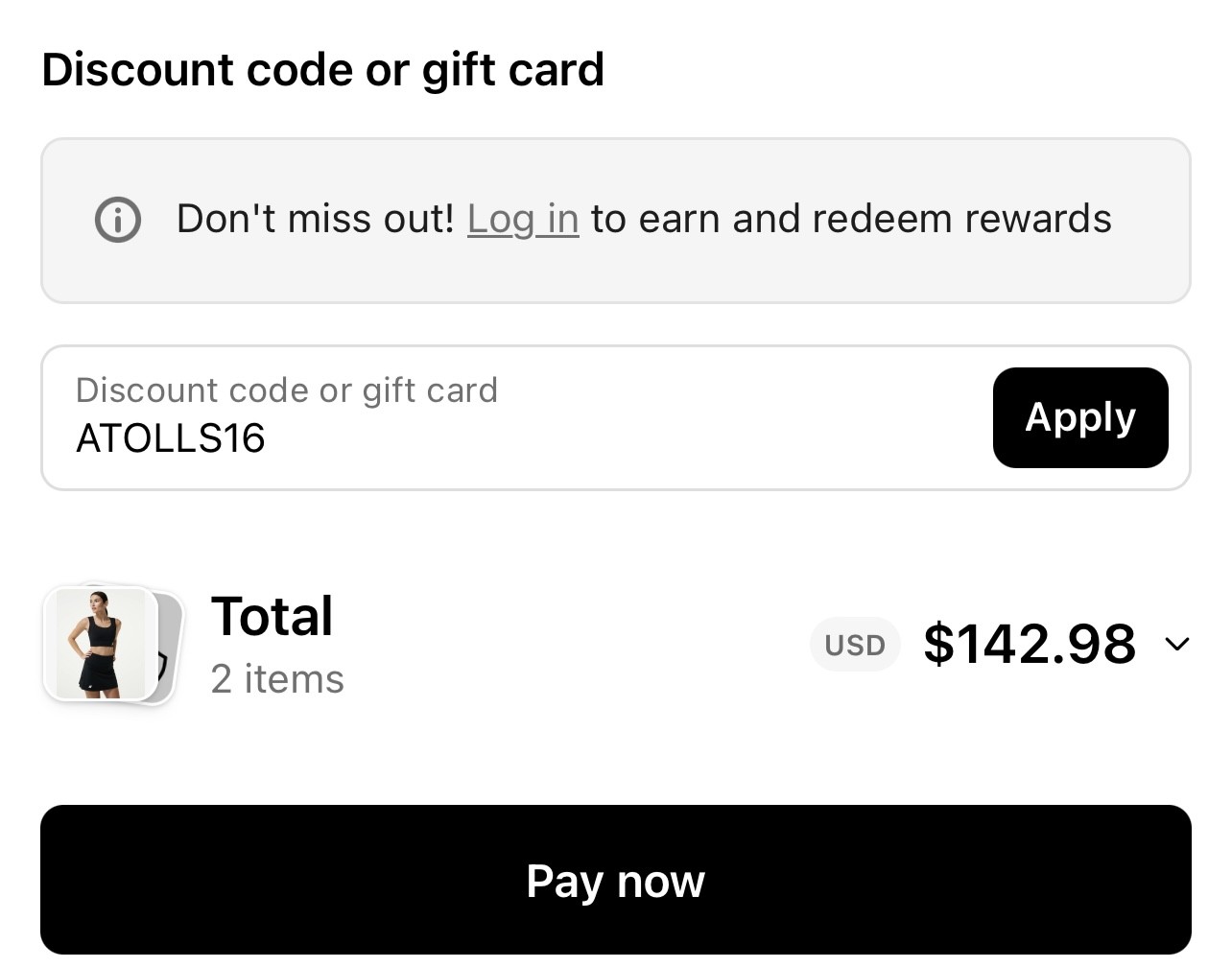 Discount code or gift card field with Apply button on Forme checkout