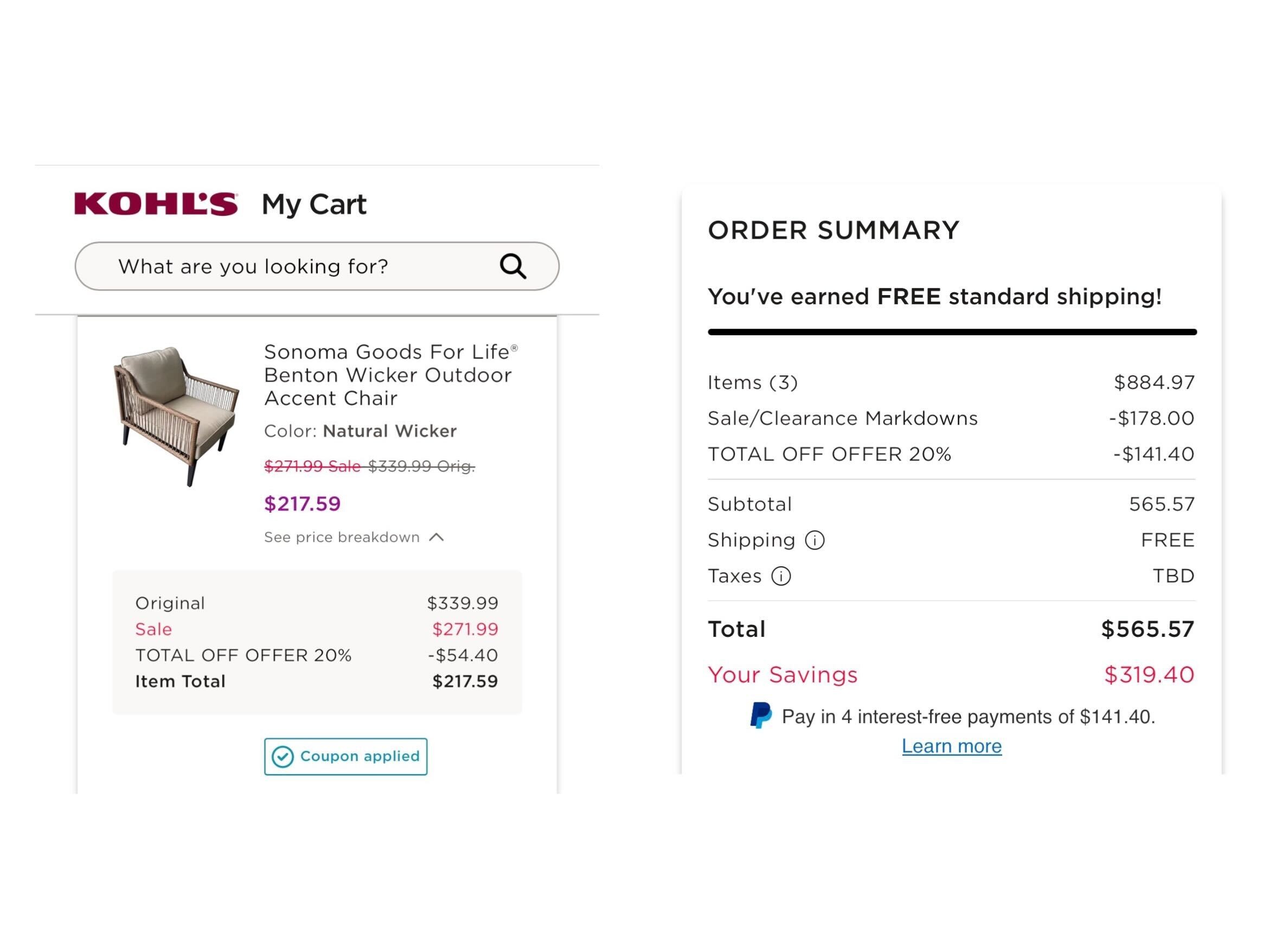 Kohl's shopping cart showing coupon applied.