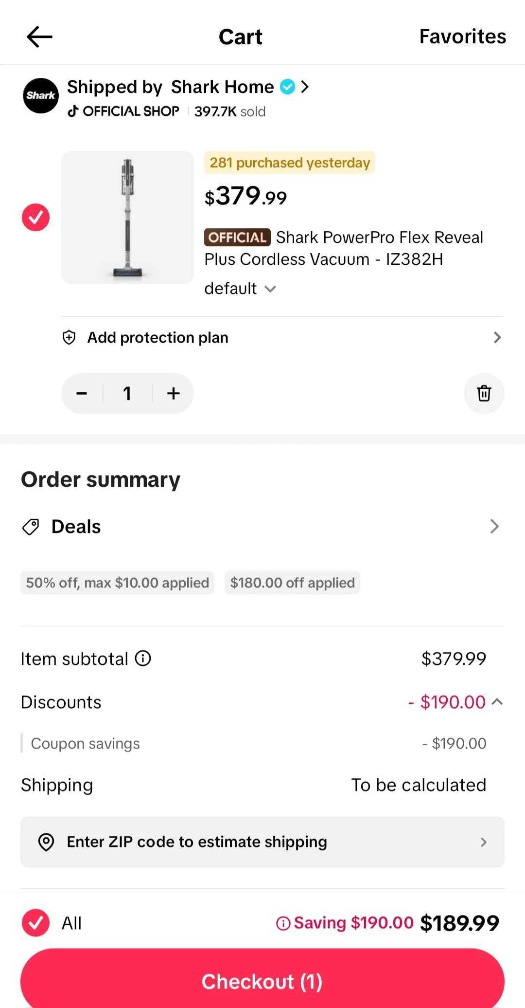 TikTok Shop cart screen highlighting the Deals section before checkout
