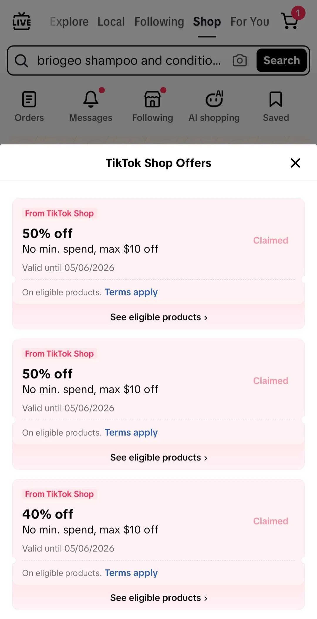 TikTok Shop coupon list screen showing available offers