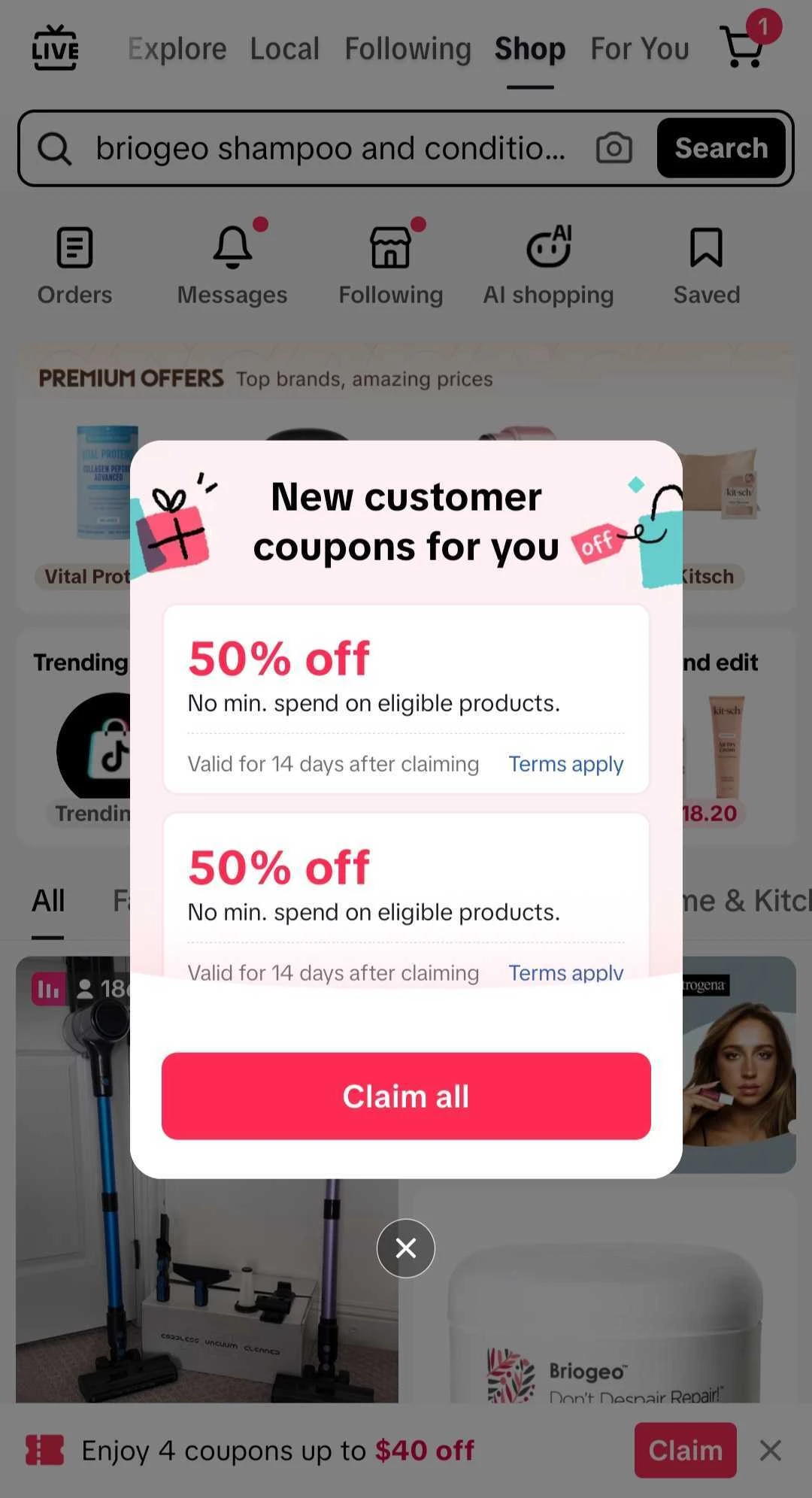TikTok Shop pop-up showing available coupons and a Claim All button
