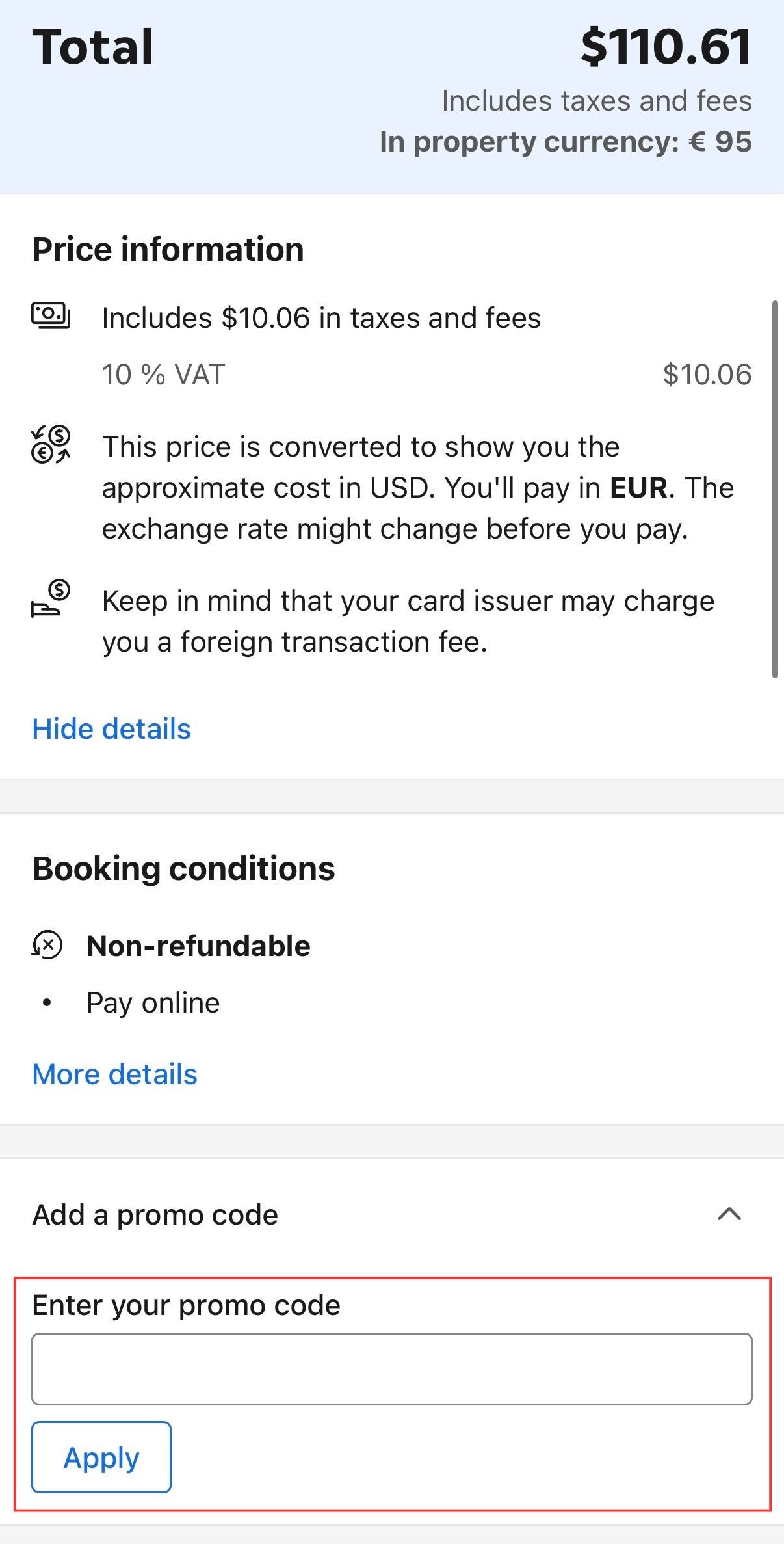 Coupon code entry field in Booking.com checkout