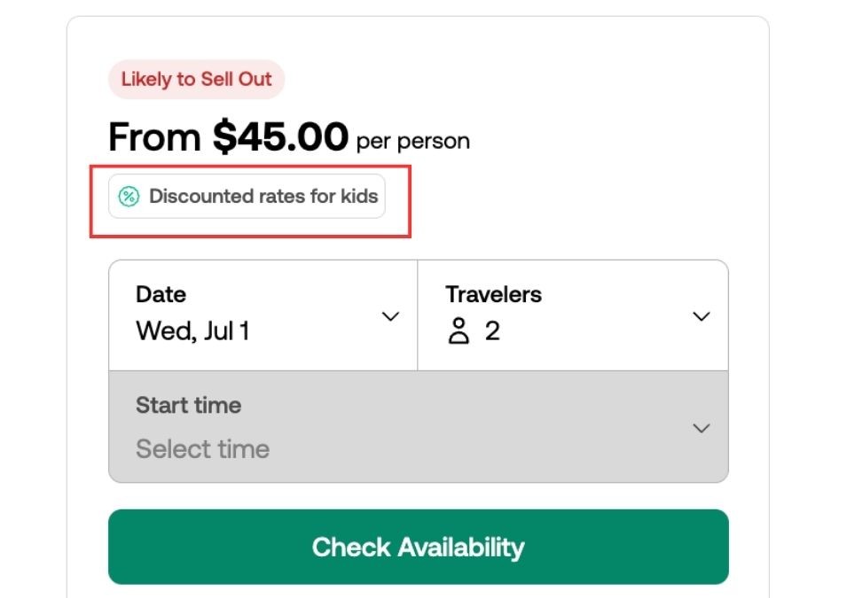 Viator booking section with discounted rates for kids highlighted